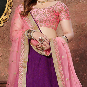 Appealing Purple Colored Wedding Wear Embroidered Mulberry Silk Lehenga Choli - Peachmode