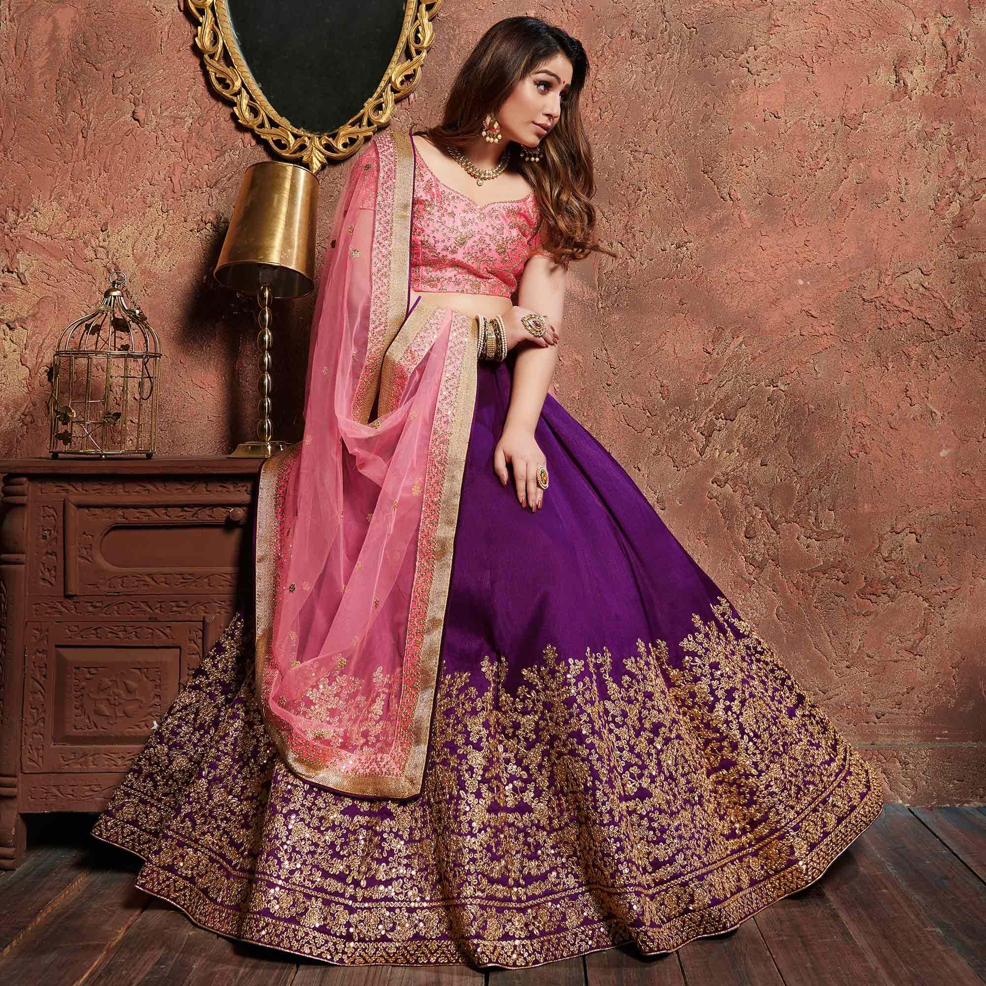 Appealing Purple Colored Wedding Wear Embroidered Mulberry Silk Lehenga Choli - Peachmode
