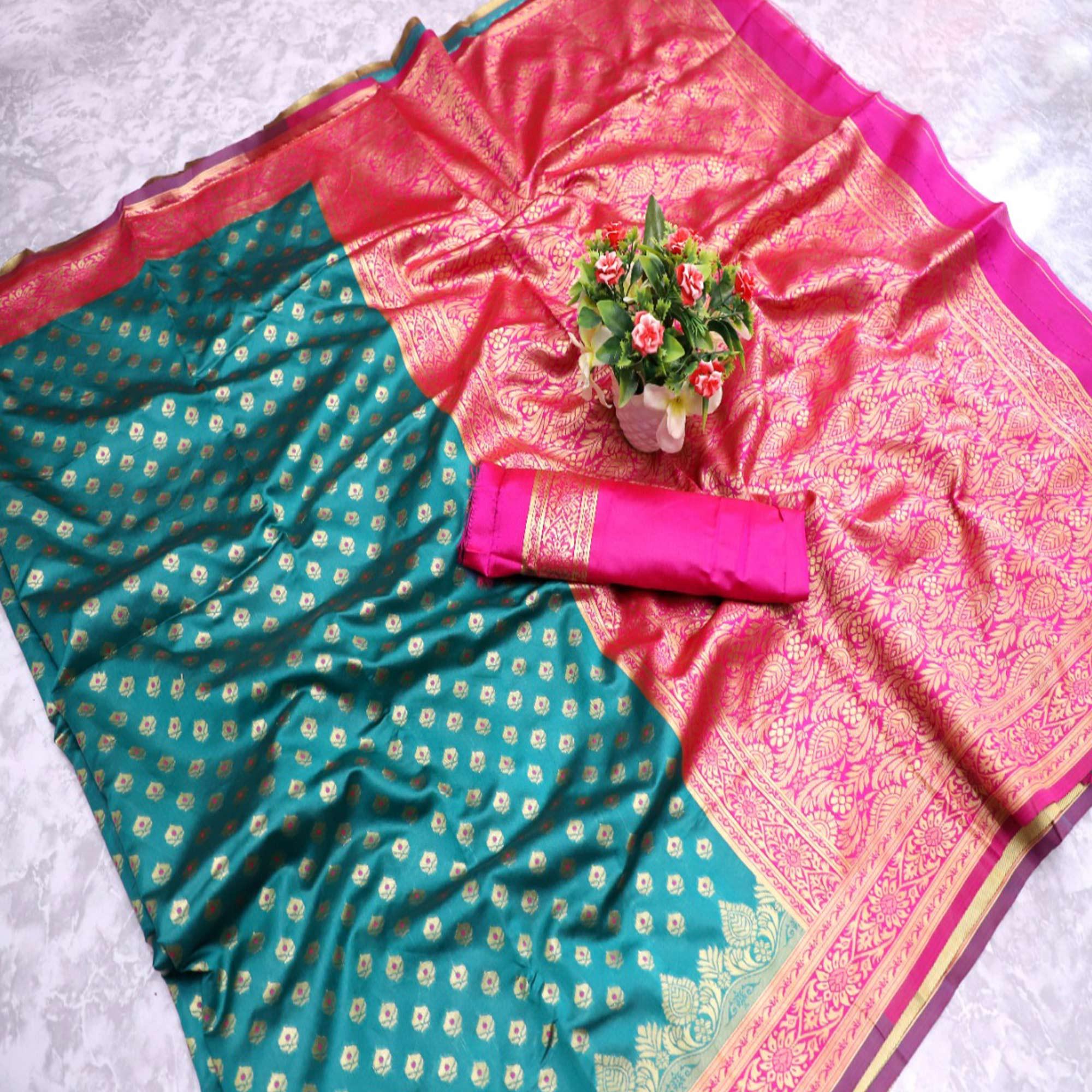 Appealing Rama Blue Colored Festive Wear Woven Banarasi Silk Saree - Peachmode