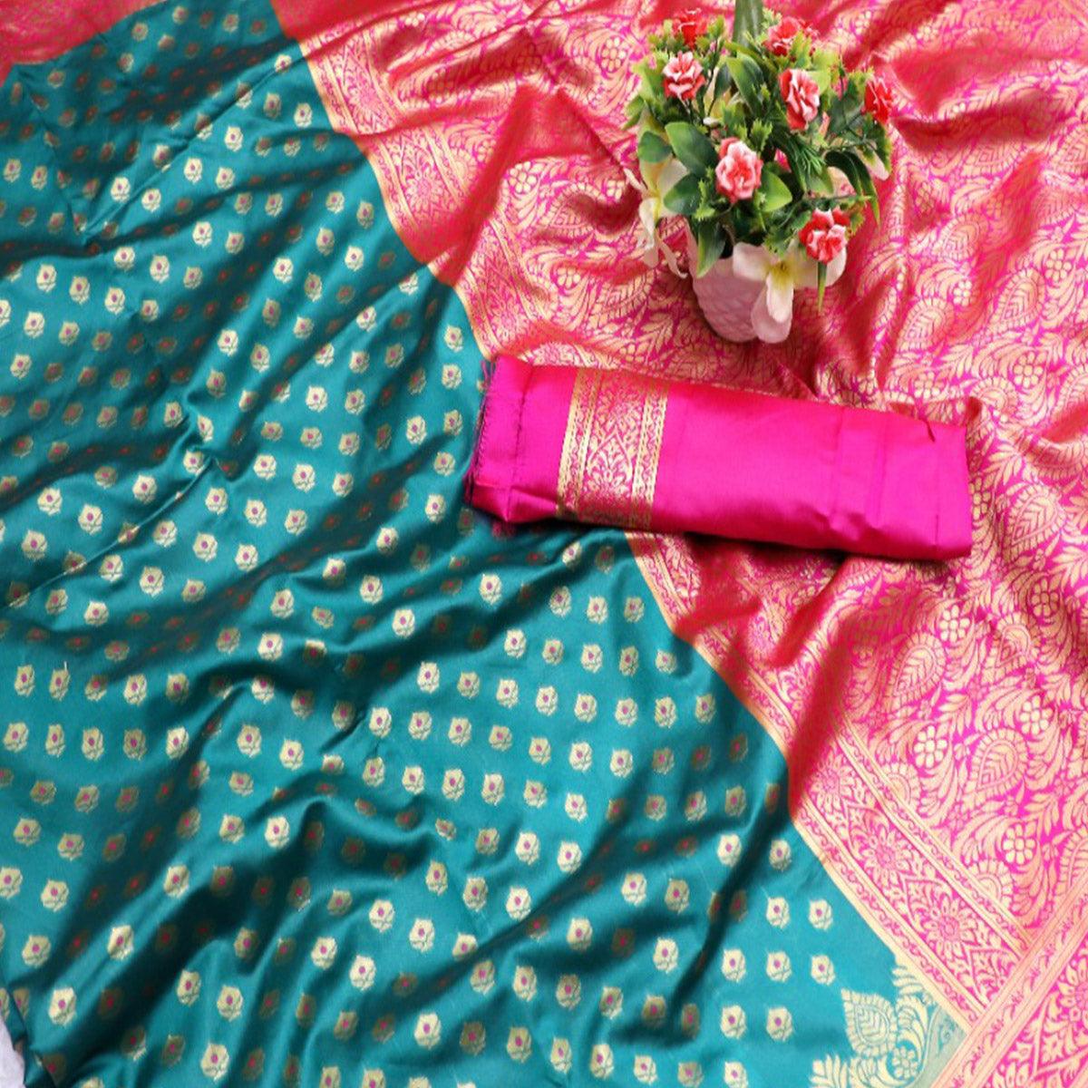 Appealing Rama Blue Colored Festive Wear Woven Banarasi Silk Saree - Peachmode