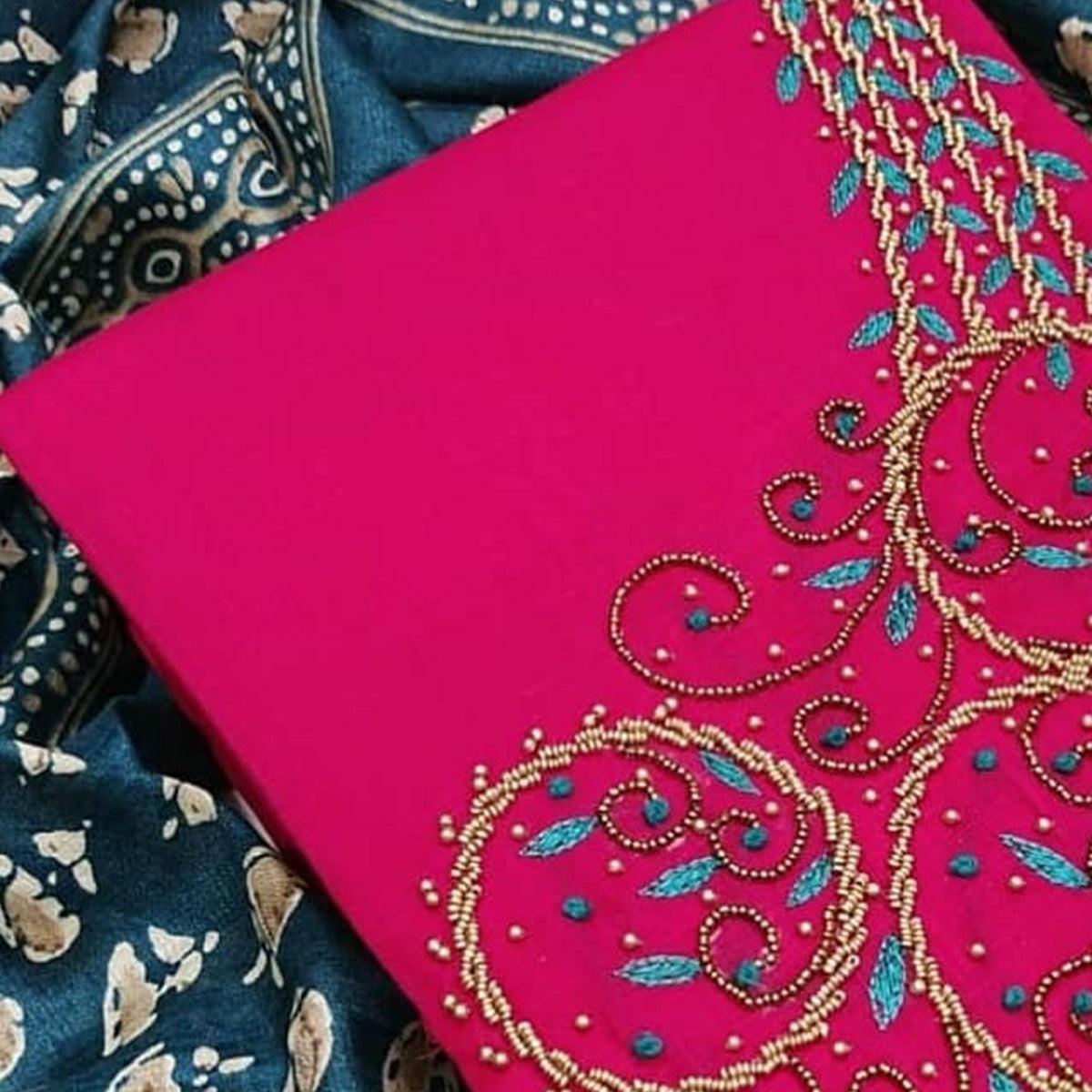 Appealing Rani Pink Colored Casual Wear Embroidered Modal Chanderi Dress Material - Peachmode