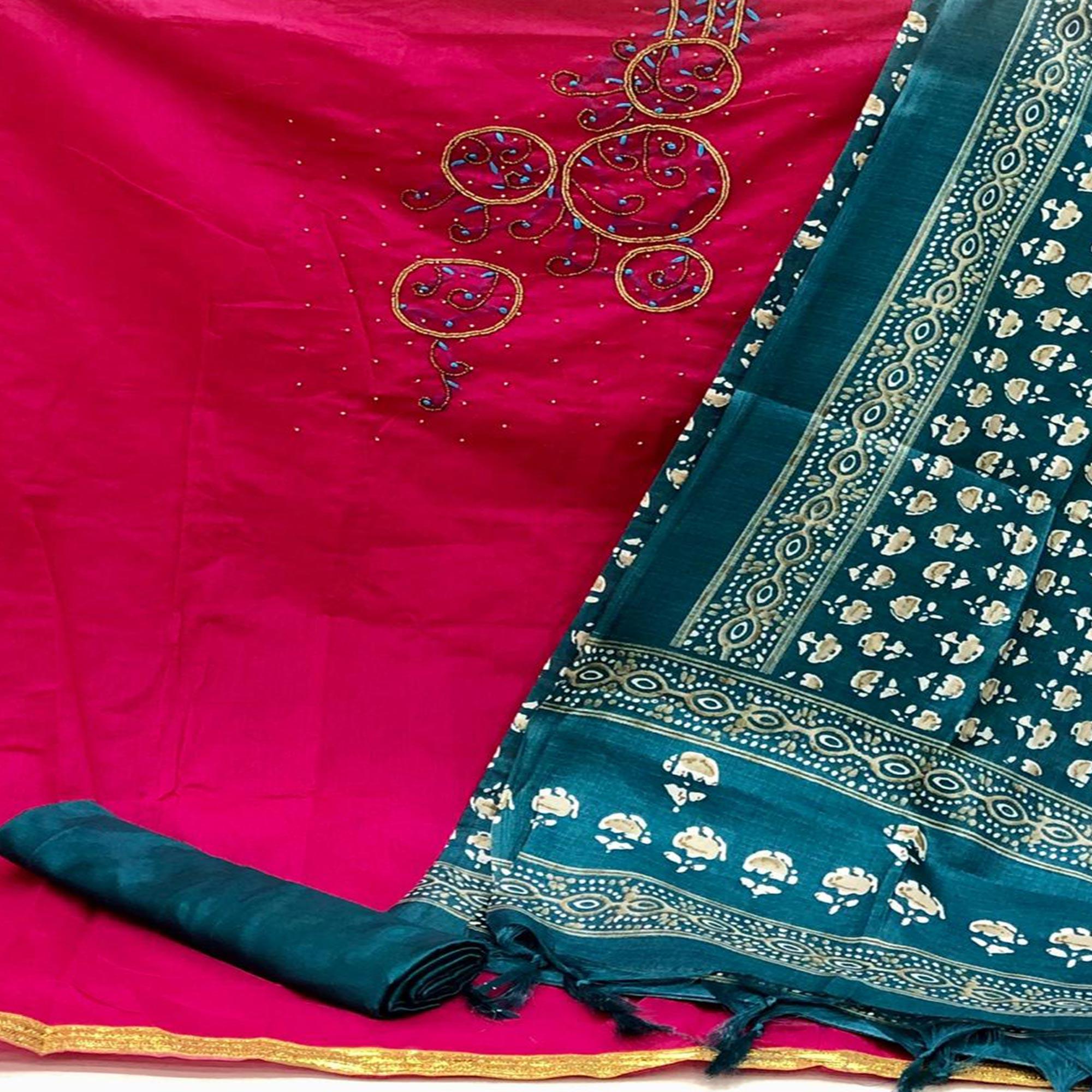 Appealing Rani Pink Colored Casual Wear Embroidered Modal Chanderi Dress Material - Peachmode