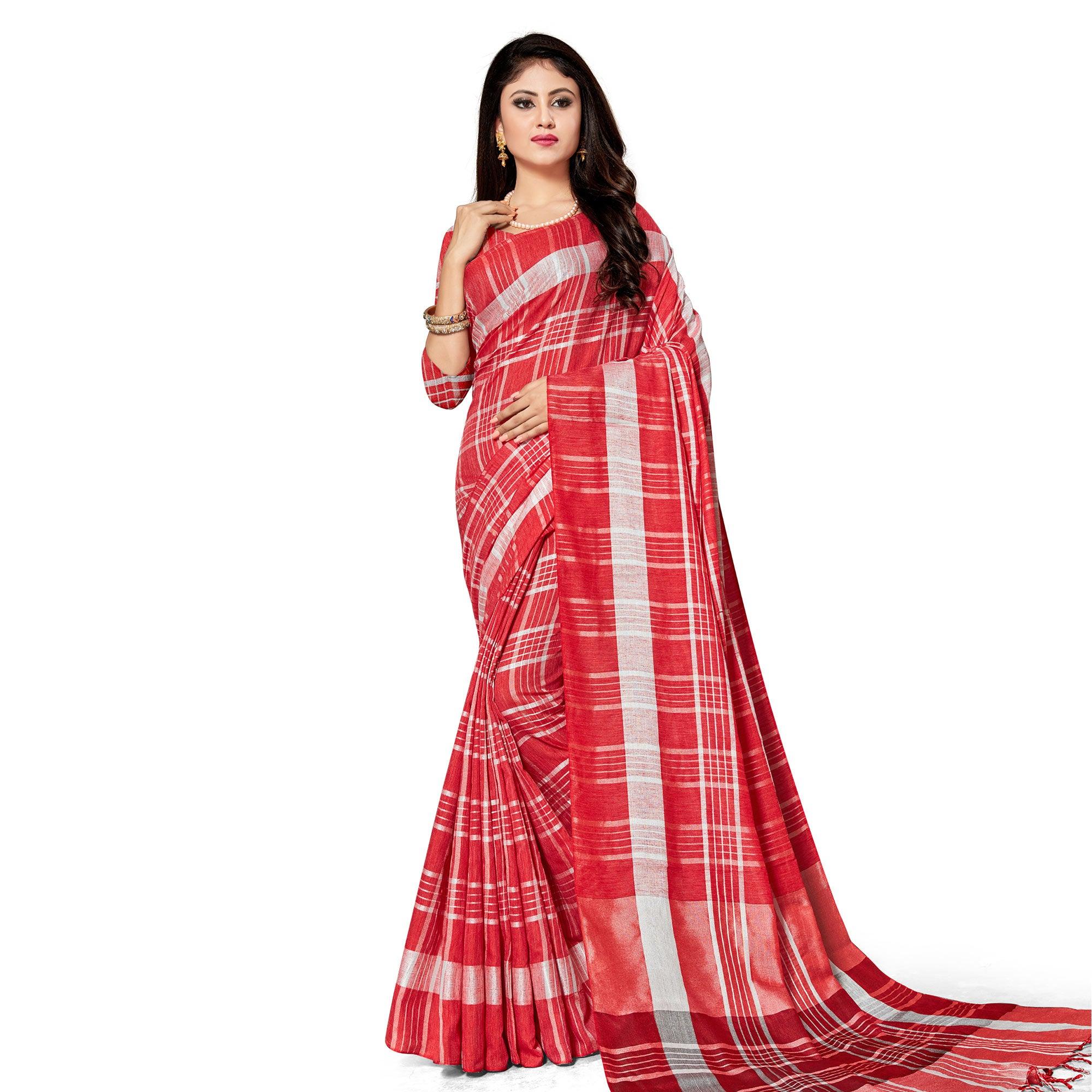 Appealing Red Colored Fesive Wear Stripe Print Cotton Silk Saree With Tassels - Peachmode