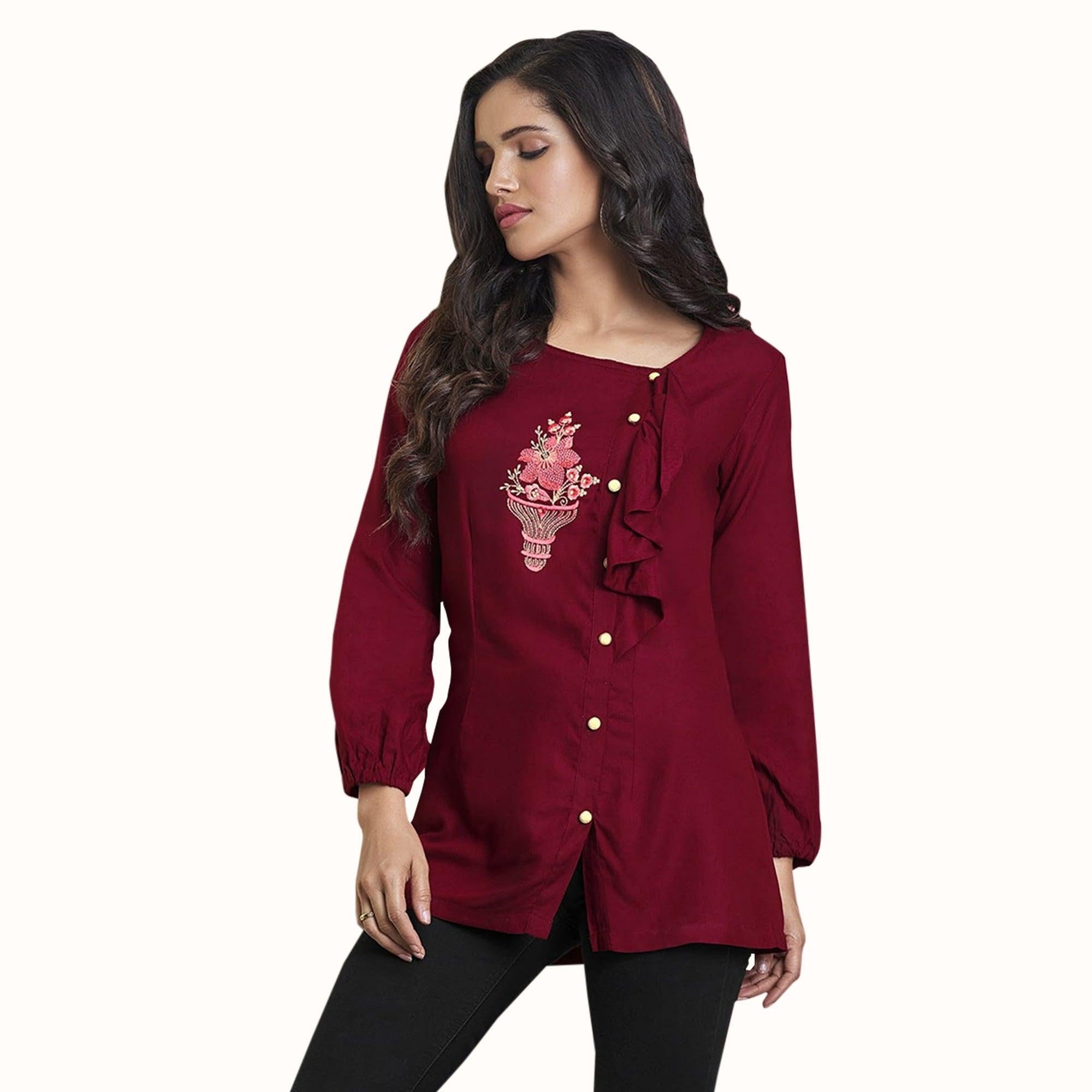 Appealing Red Colored Partywear Embroidered Rayon Western Top - Peachmode