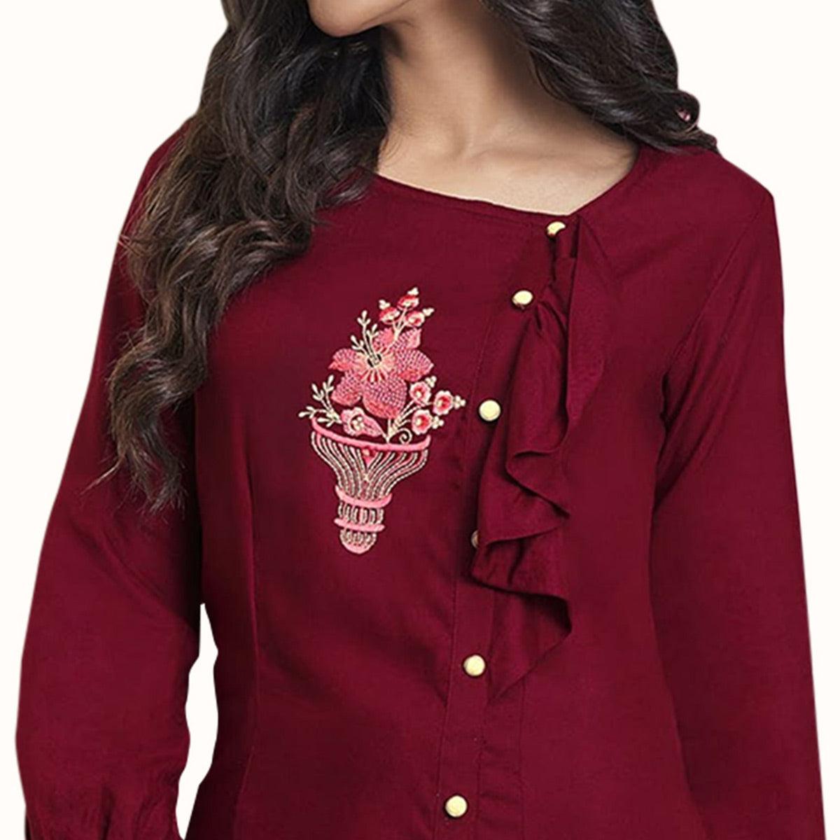 Appealing Red Colored Partywear Embroidered Rayon Western Top - Peachmode