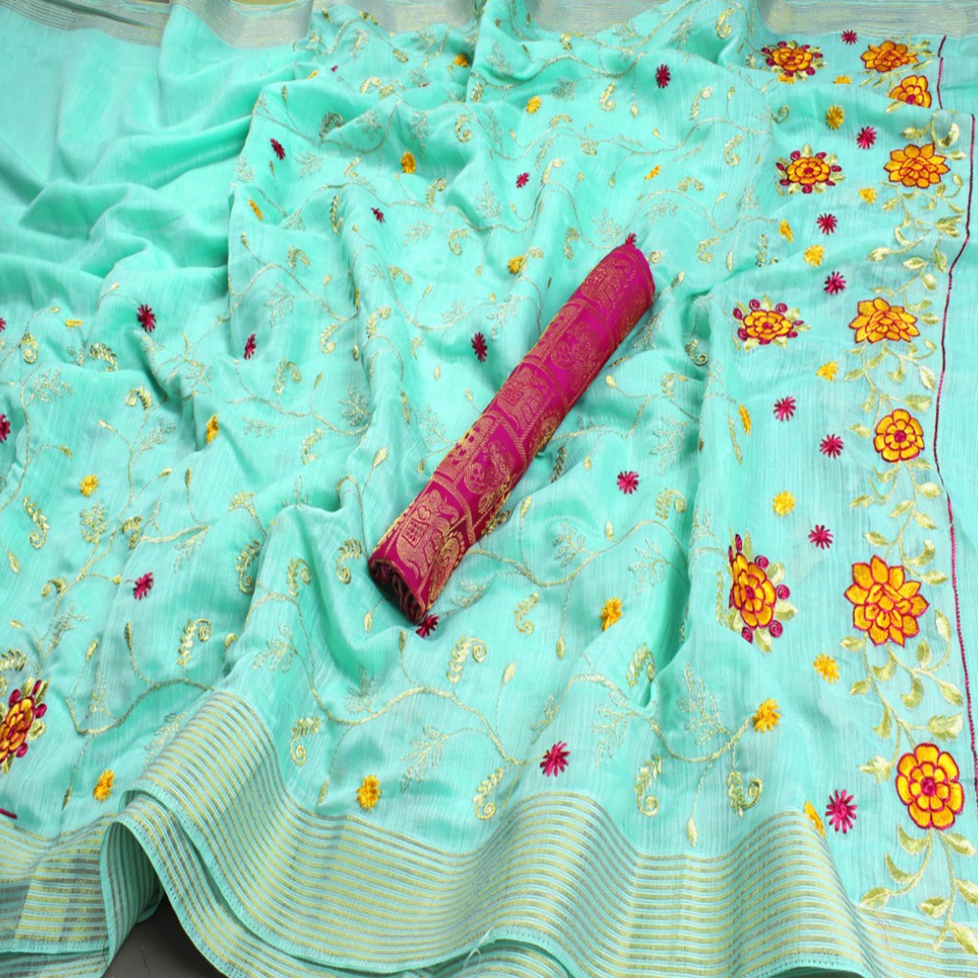 Appealing Turquoise Green Colored Festive Wear Embroidered Heavy Linen Saree - Peachmode