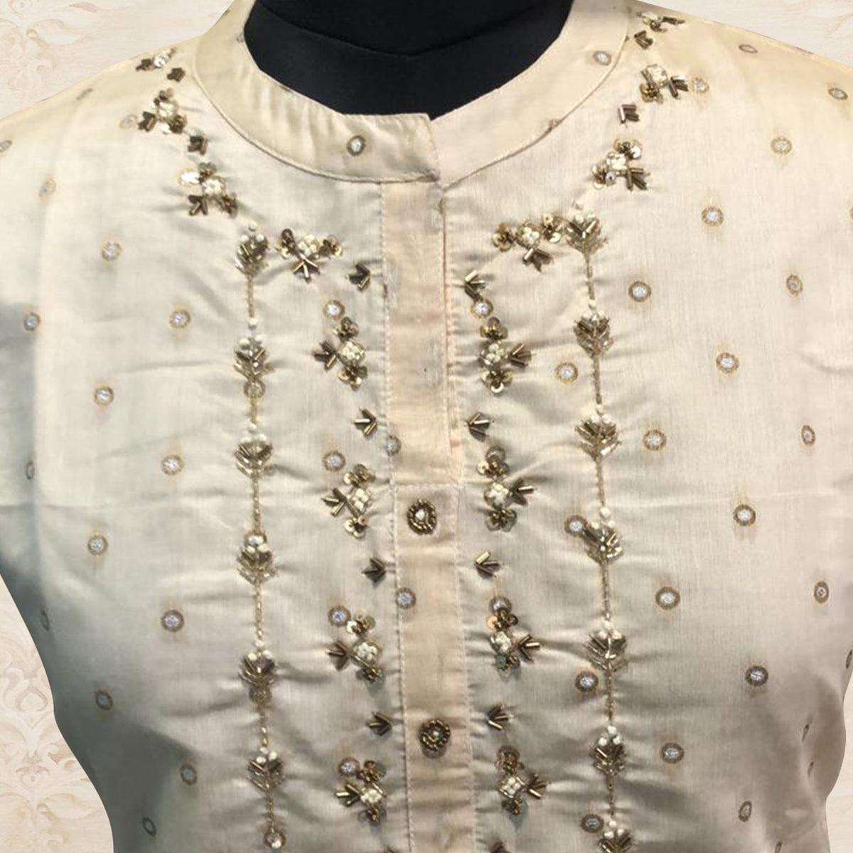 Appealing White Colored Partywear Handwork Cotton Kurti - Peachmode