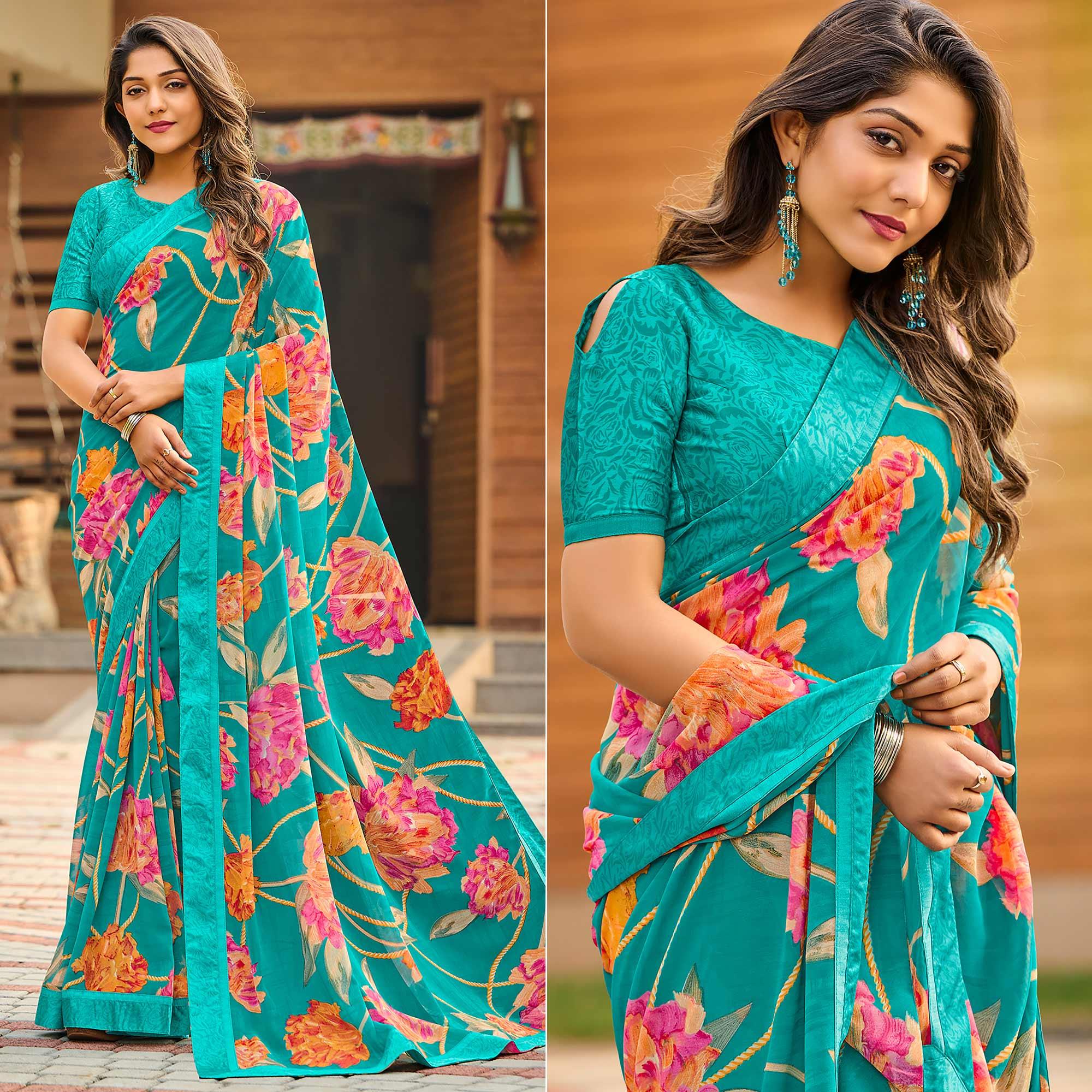 Aqua Blue Casual Floral Printed Georgette Saree - Peachmode