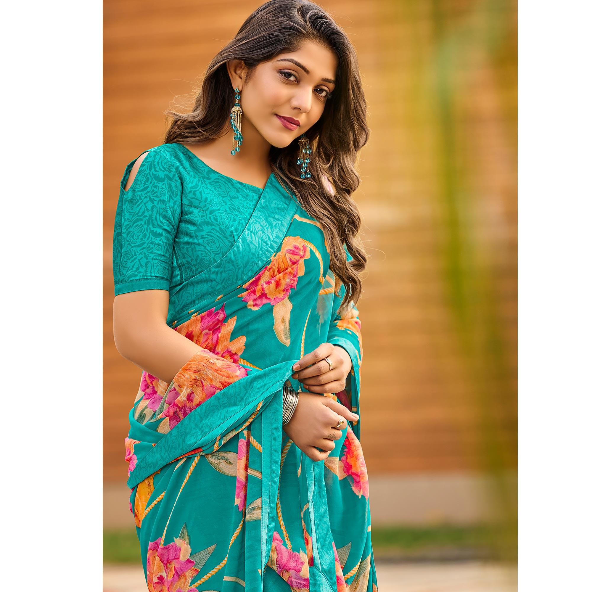 Aqua Blue Casual Floral Printed Georgette Saree - Peachmode