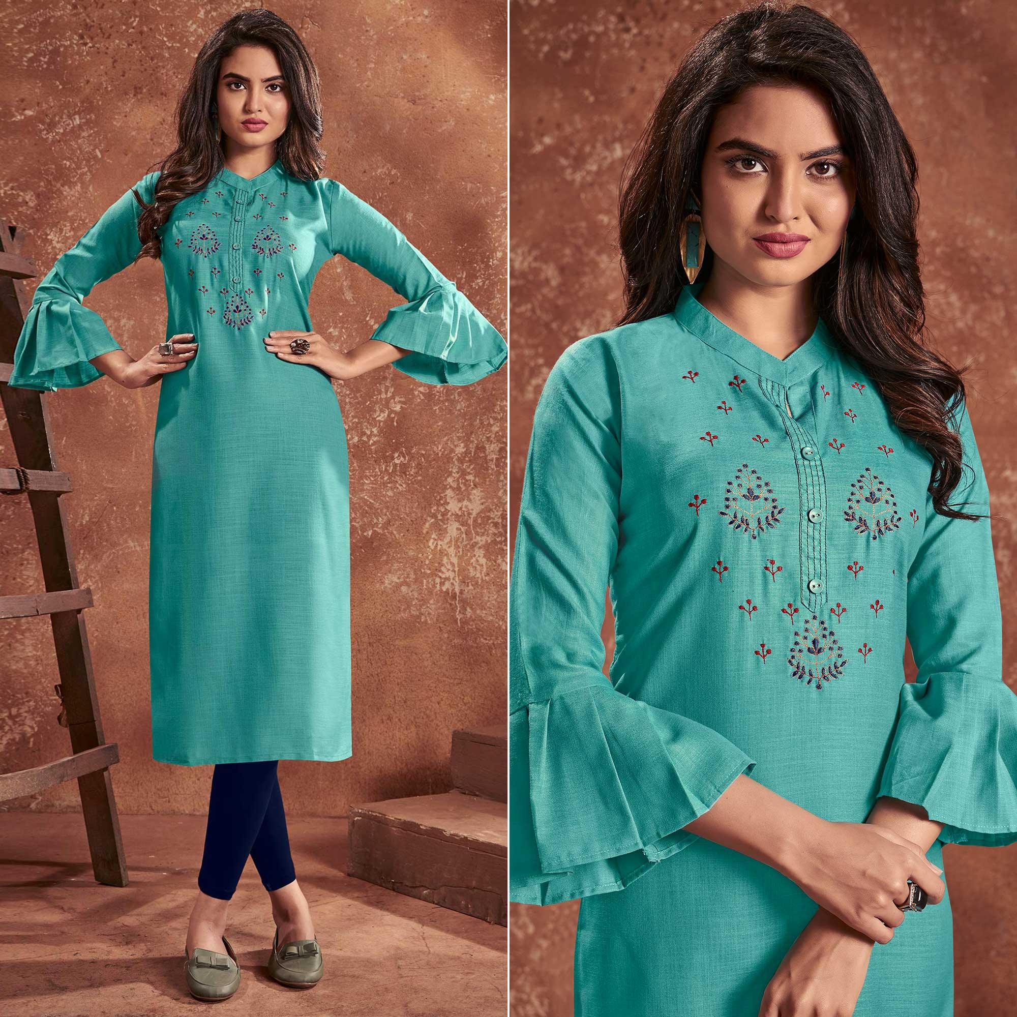 Aqua Blue Casual Wear Embroidered Cotton Kurti - Peachmode