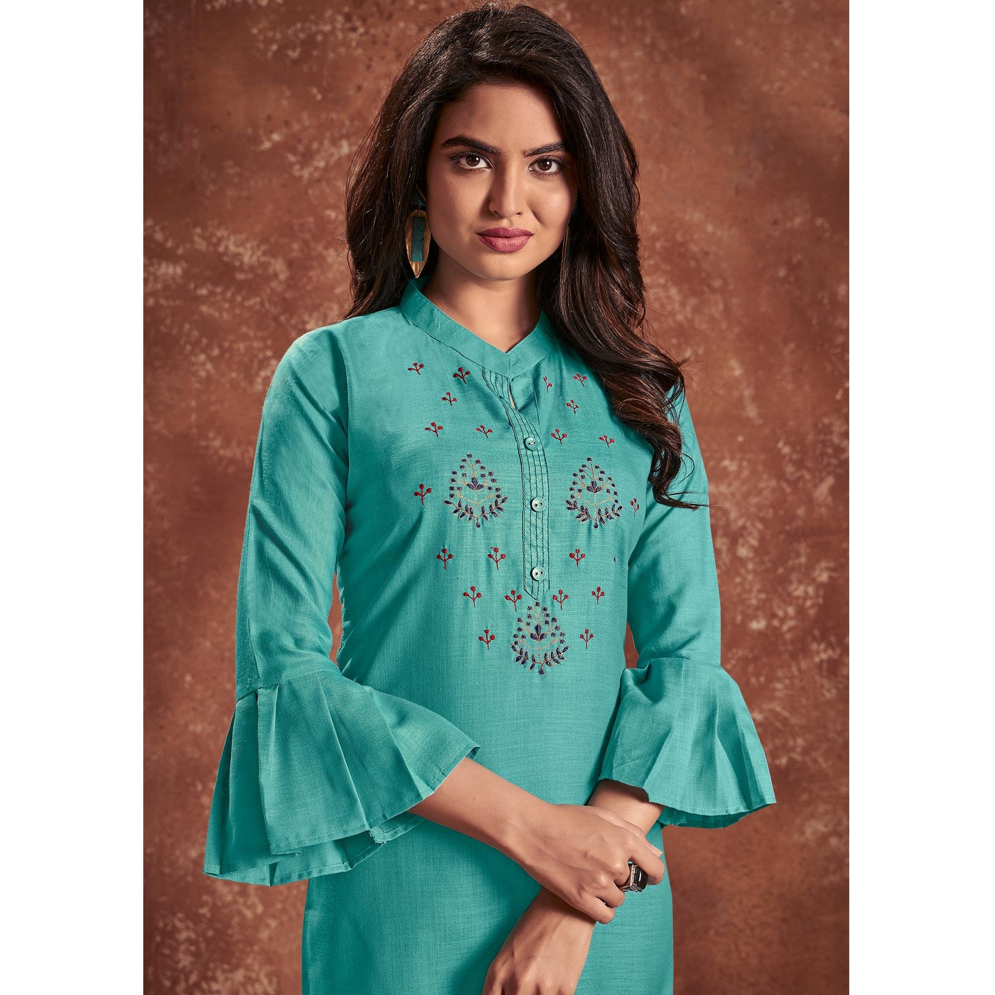 Aqua Blue Casual Wear Embroidered Cotton Kurti - Peachmode