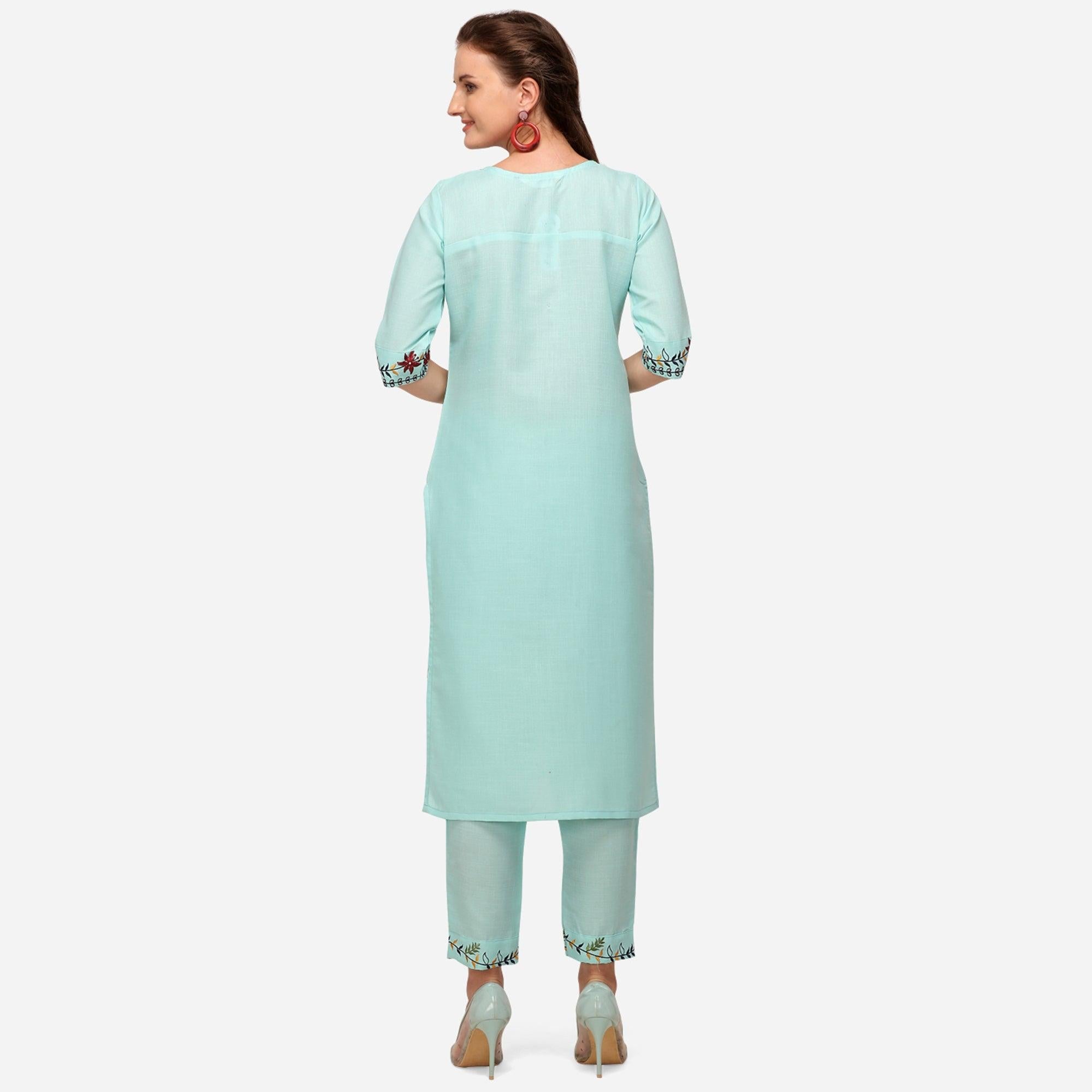 Aqua Blue Casual Wear Floral Embroidered Cotton Kurti Pant Set - Peachmode