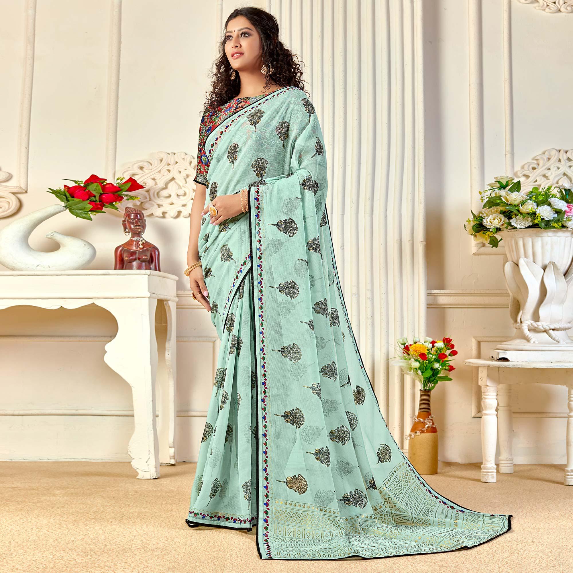 Aqua Blue Casual Wear Foil Printed Pure Chiffon Saree - Peachmode