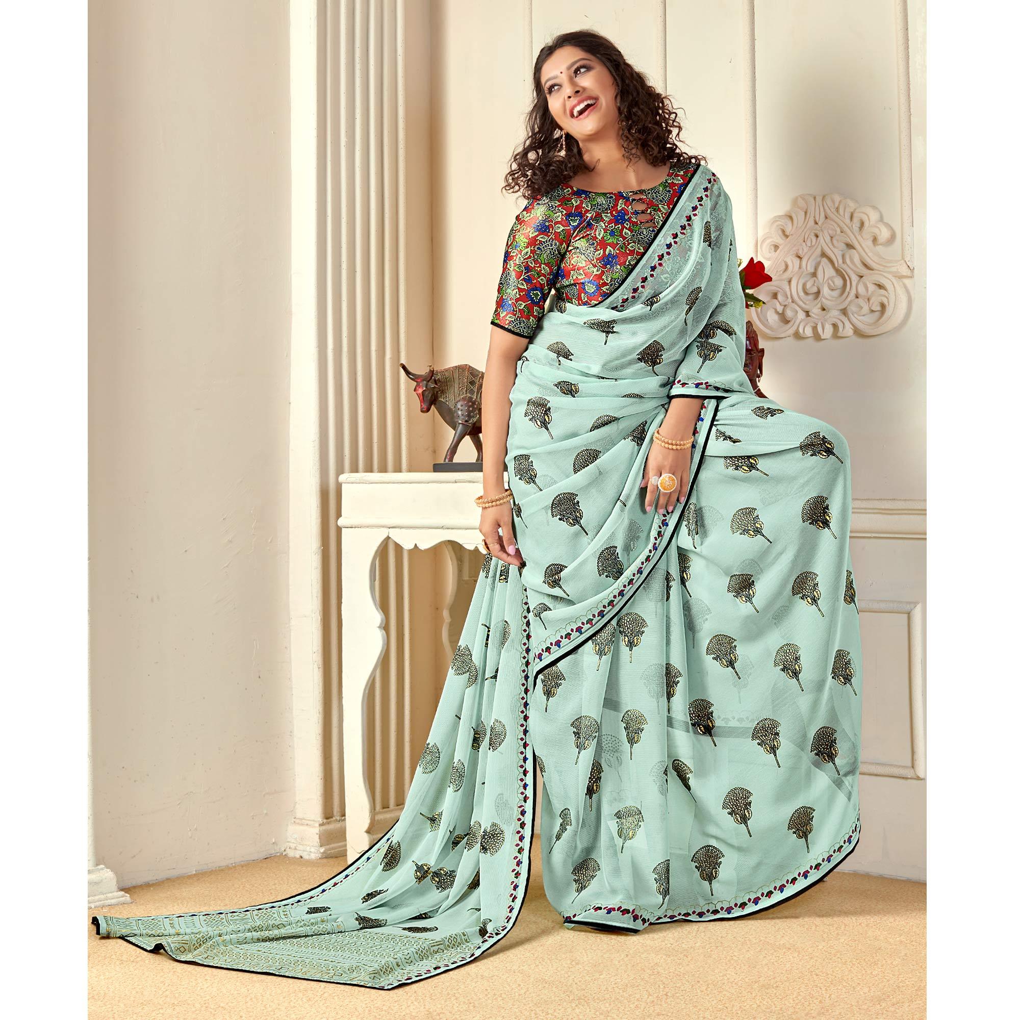 Aqua Blue Casual Wear Foil Printed Pure Chiffon Saree - Peachmode
