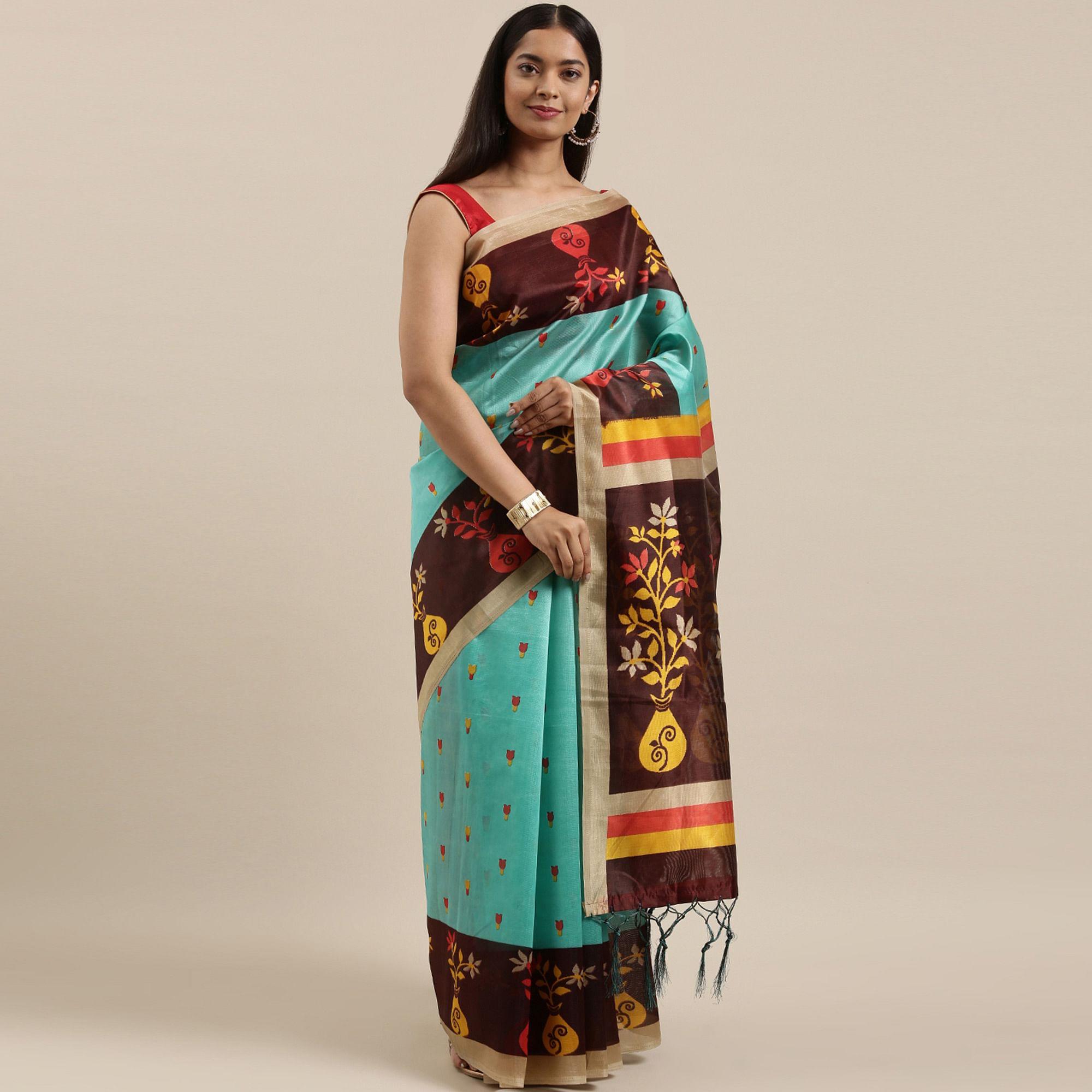 Aqua Blue Casual Wear Printed Art Silk Saree With Tassels - Peachmode