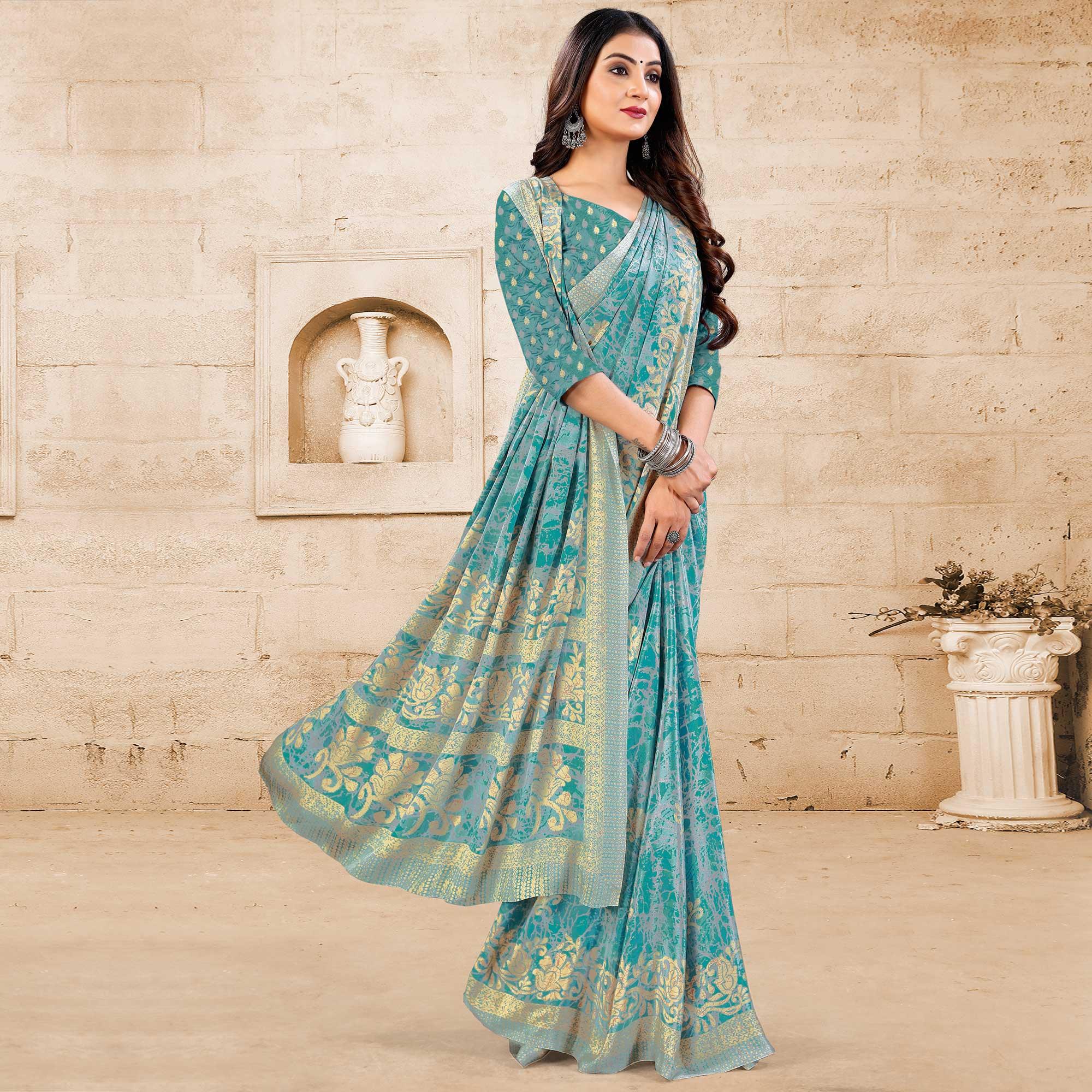 Aqua Blue Casual Wear Printed Crepe Saree - Peachmode