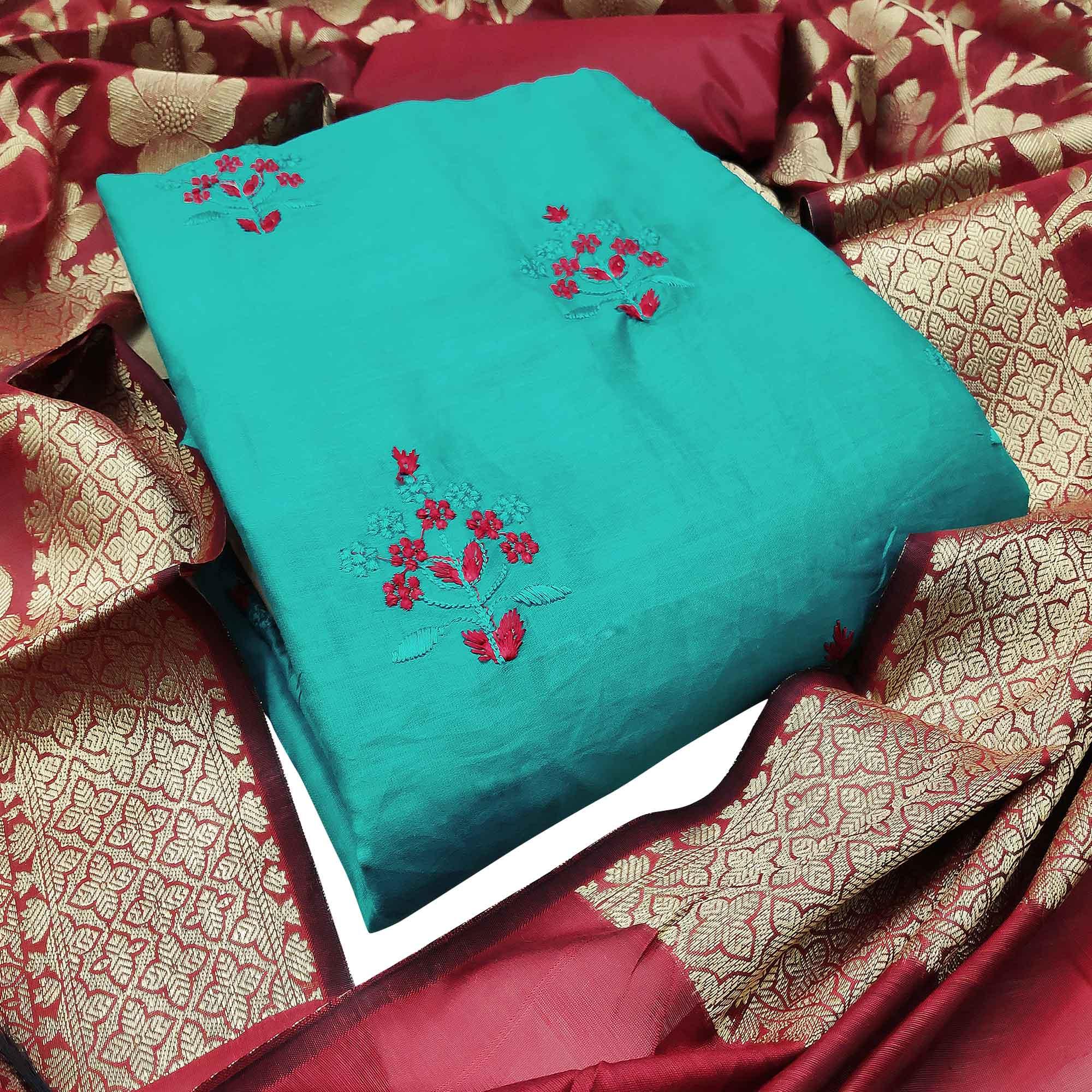 Aqua Blue Colored Casual Wear Embroidered Cotton Dress Material With Banarasi Silk Dupatta - Peachmode