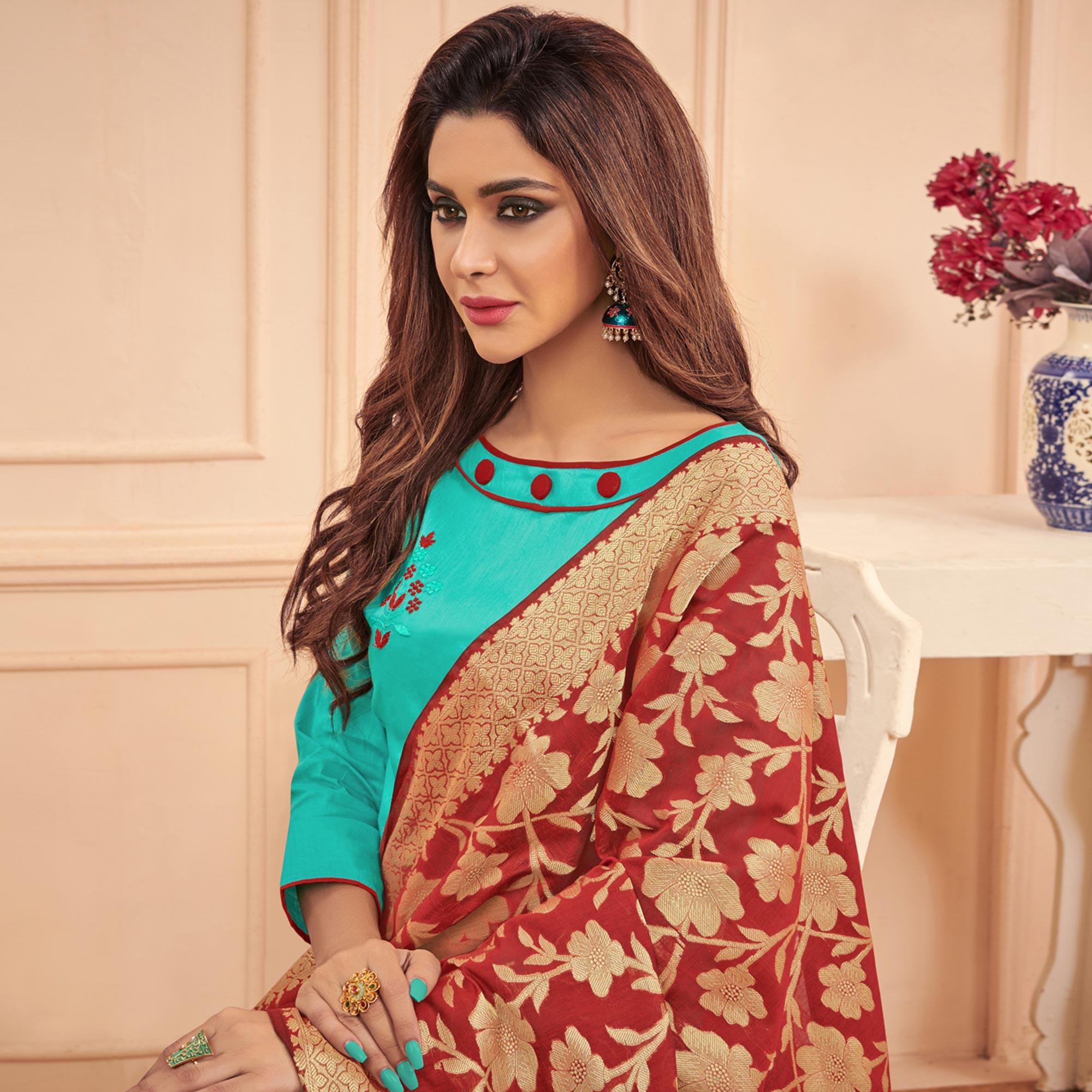 Aqua Blue Colored Casual Wear Embroidered Cotton Dress Material With Banarasi Silk Dupatta - Peachmode