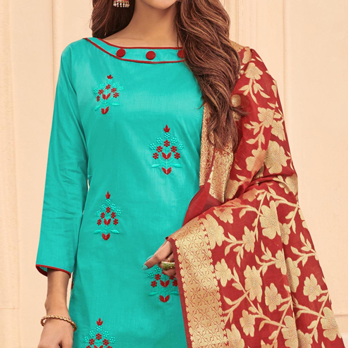 Aqua Blue Colored Casual Wear Embroidered Cotton Dress Material With Banarasi Silk Dupatta - Peachmode