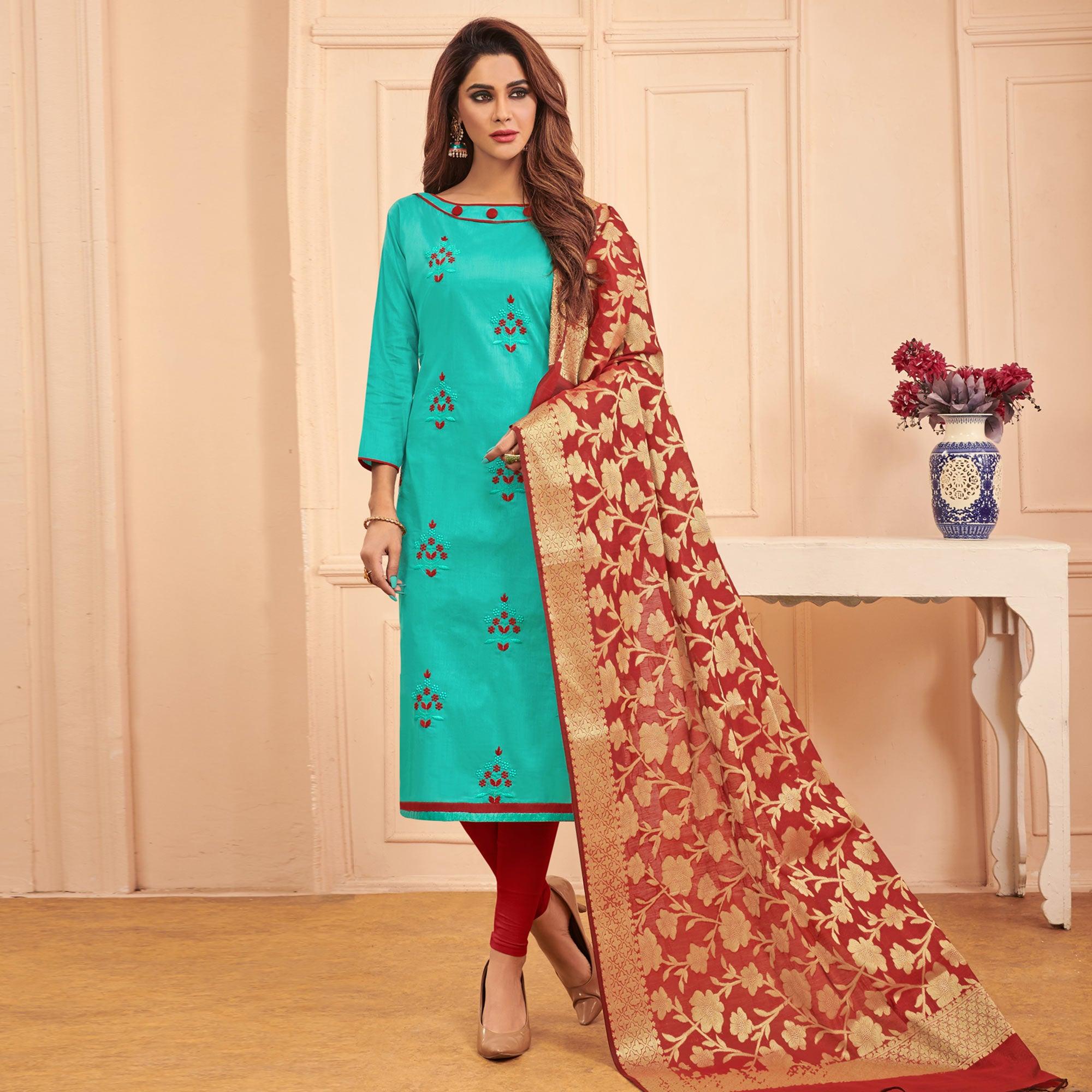 Aqua Blue Colored Casual Wear Embroidered Cotton Dress Material With Banarasi Silk Dupatta - Peachmode