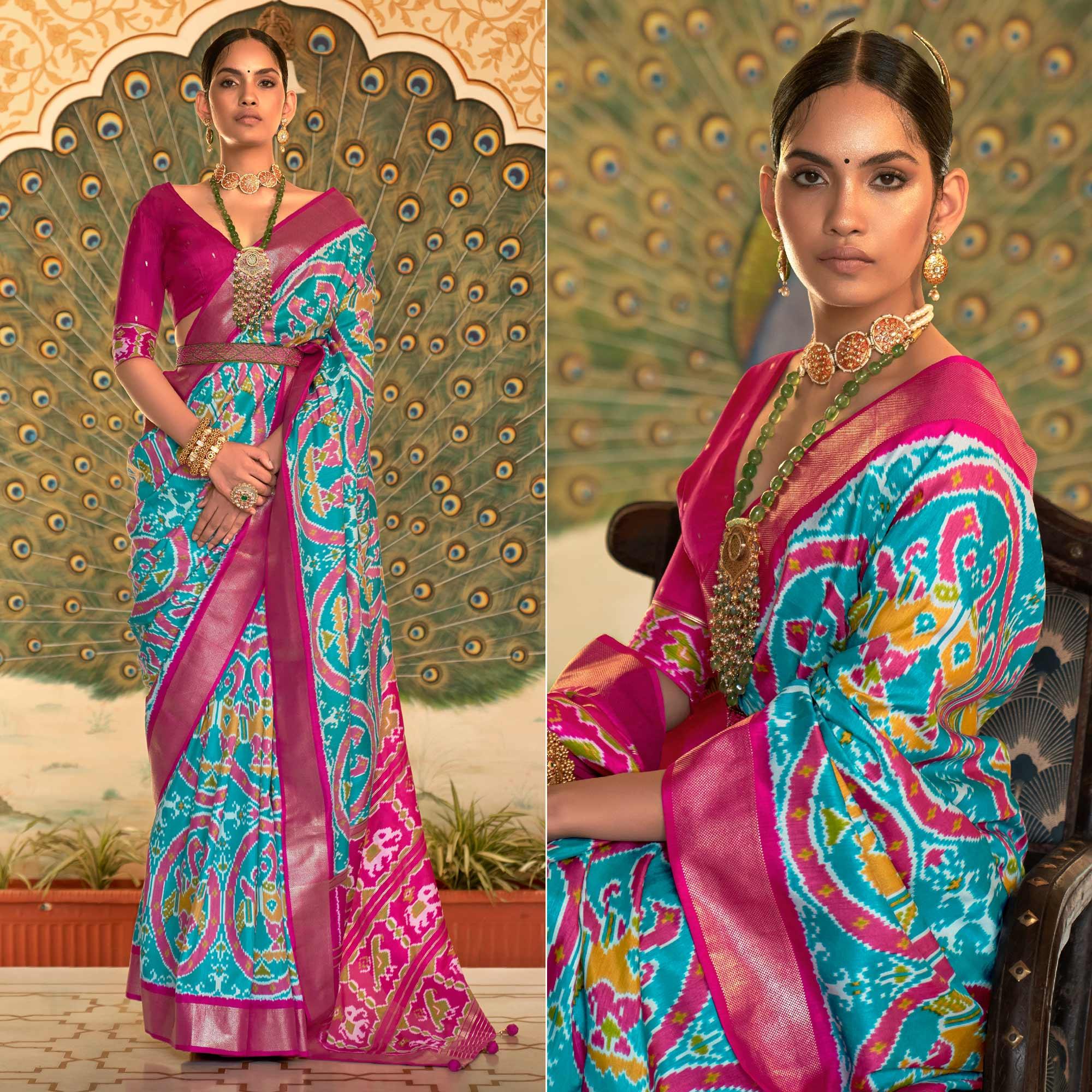 Aqua Blue Digital Patola Printed Silk Saree - Peachmode