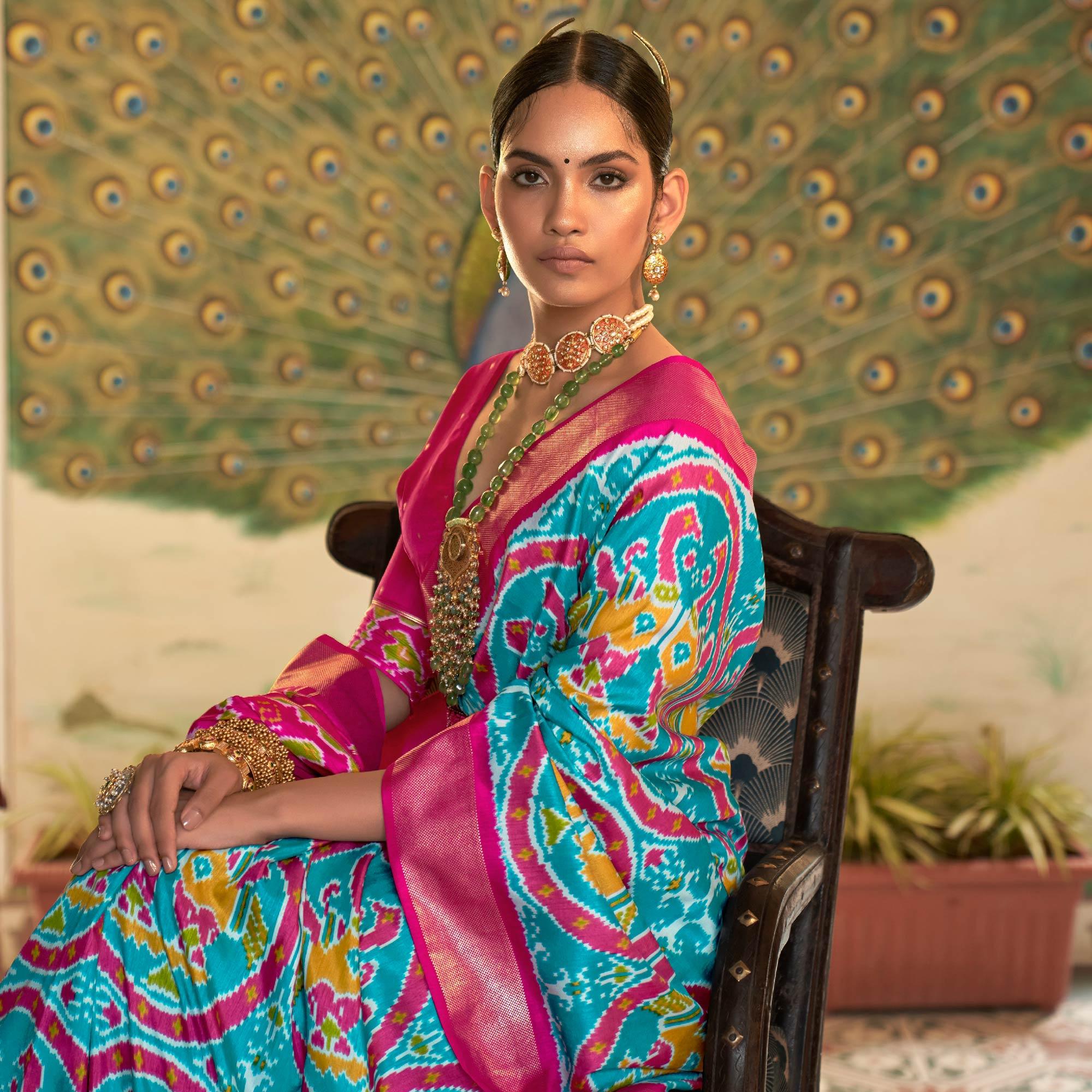 Aqua Blue Digital Patola Printed Silk Saree - Peachmode