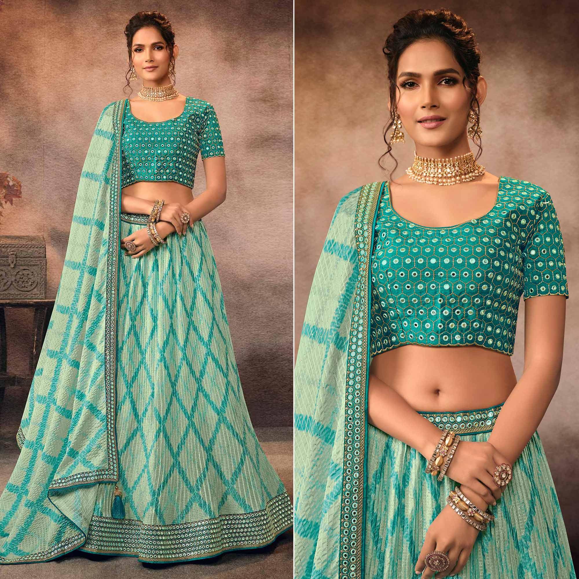 Aqua Blue Digital Printed-Embellished Chiffon Lehenga Choli - Peachmode