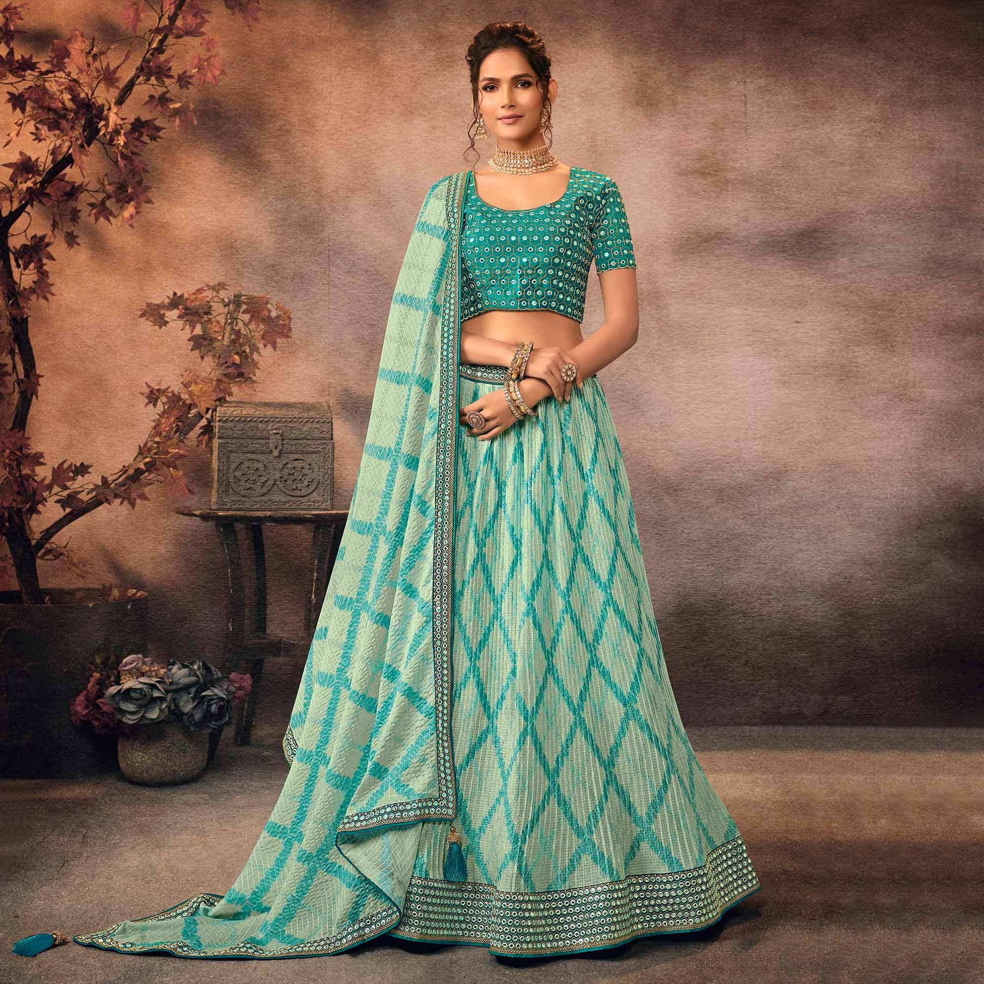 Aqua Blue Digital Printed-Embellished Chiffon Lehenga Choli - Peachmode