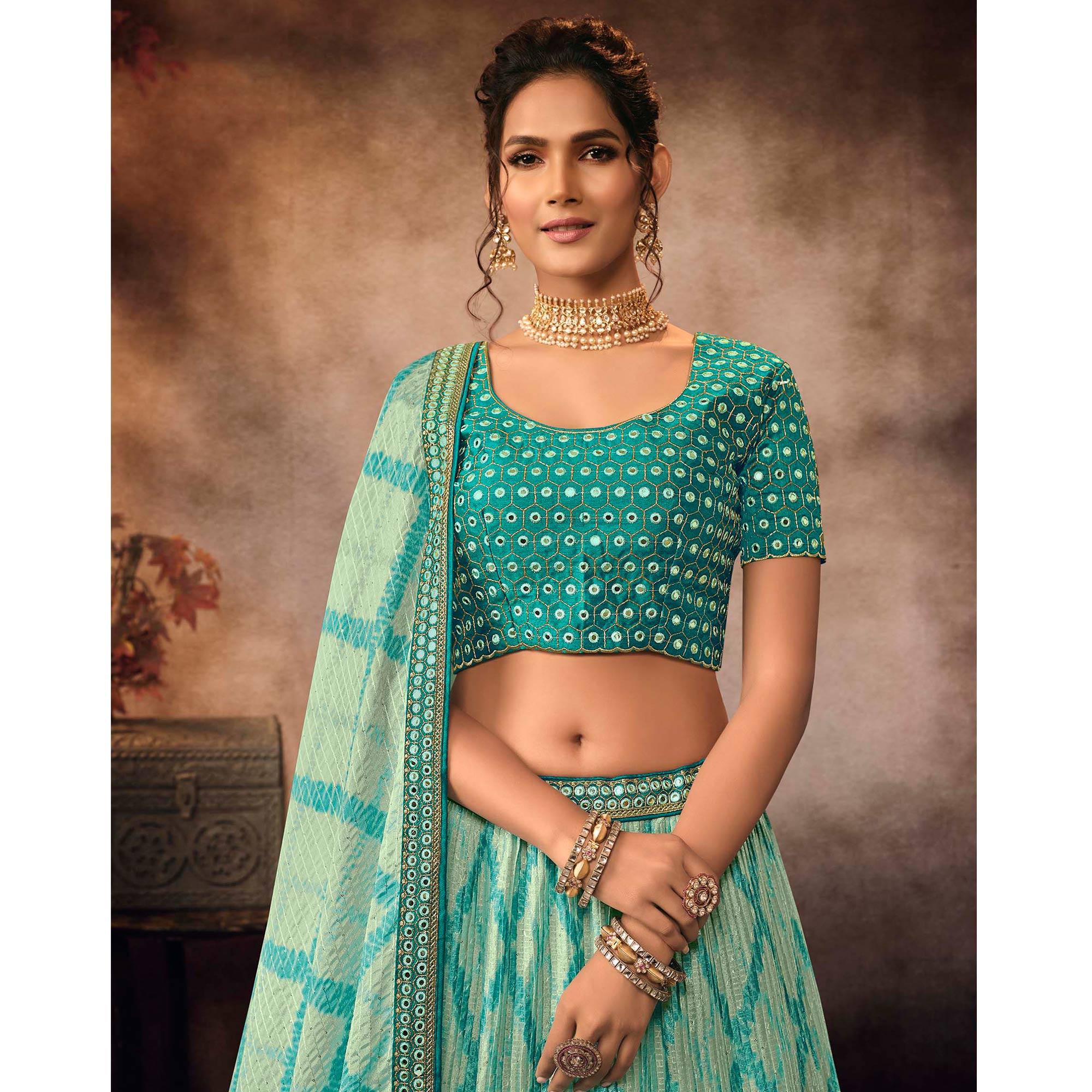 Aqua Blue Digital Printed-Embellished Chiffon Lehenga Choli - Peachmode