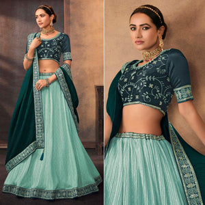 Aqua Blue Embroidered Chiffon Lehenga Choli - Peachmode