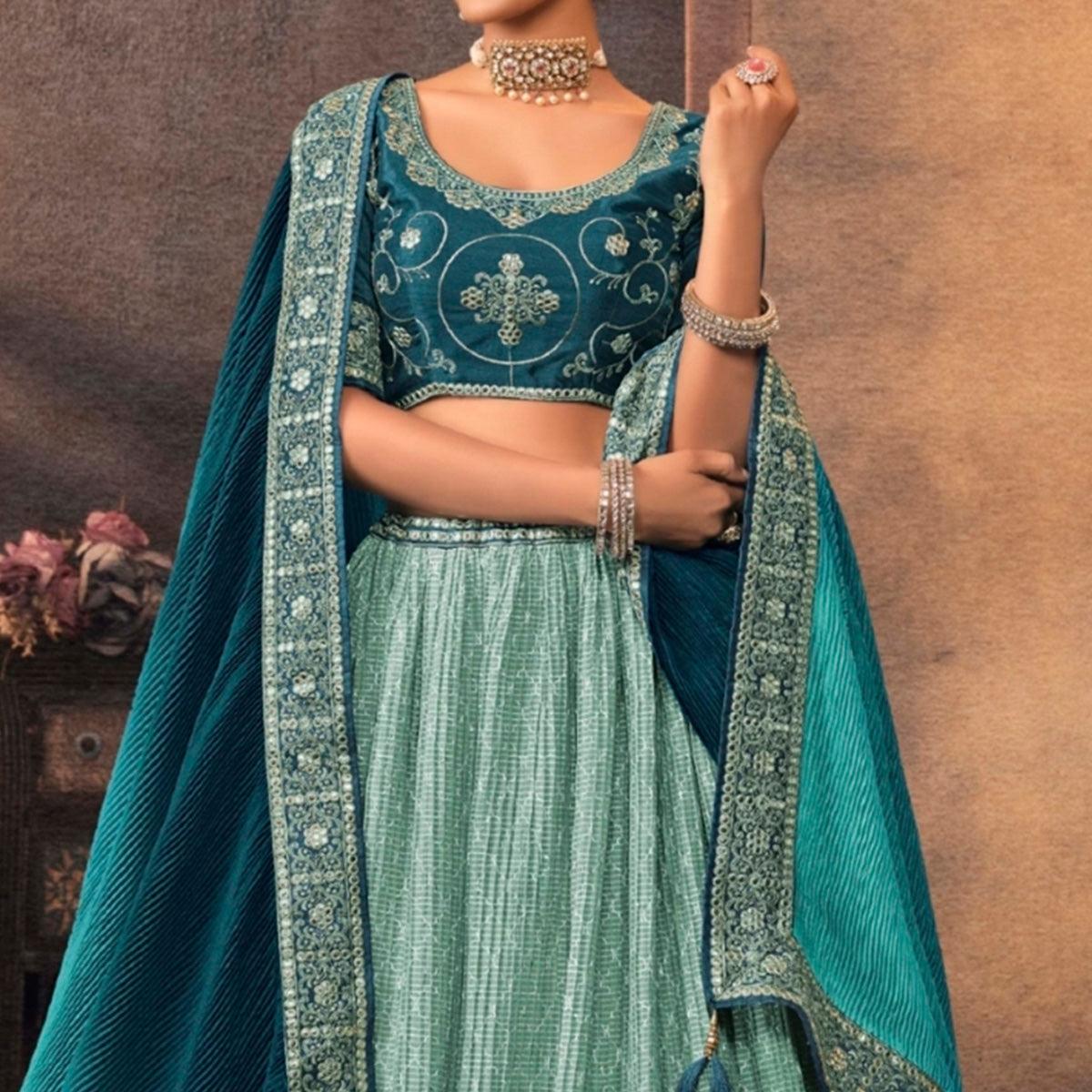 Aqua Blue Embroidered Chiffon Lehenga Choli - Peachmode