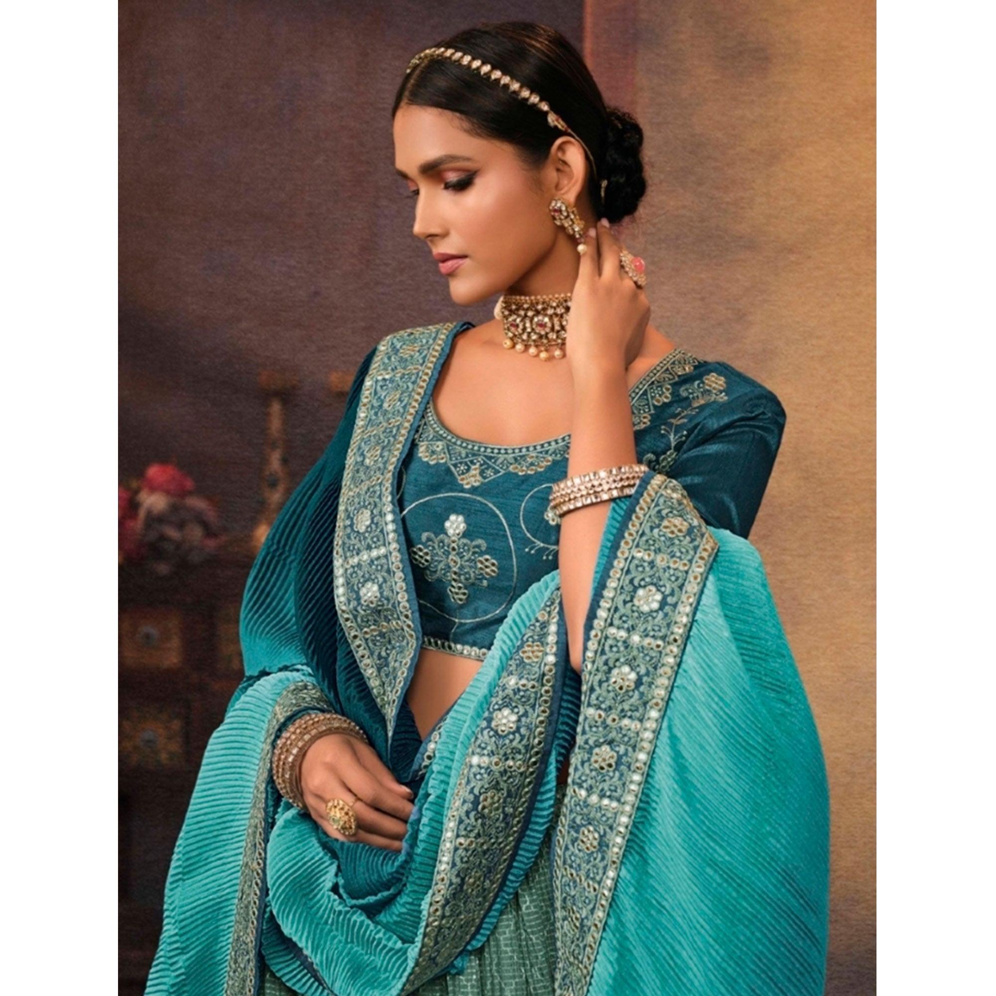 Aqua Blue Embroidered Chiffon Lehenga Choli - Peachmode