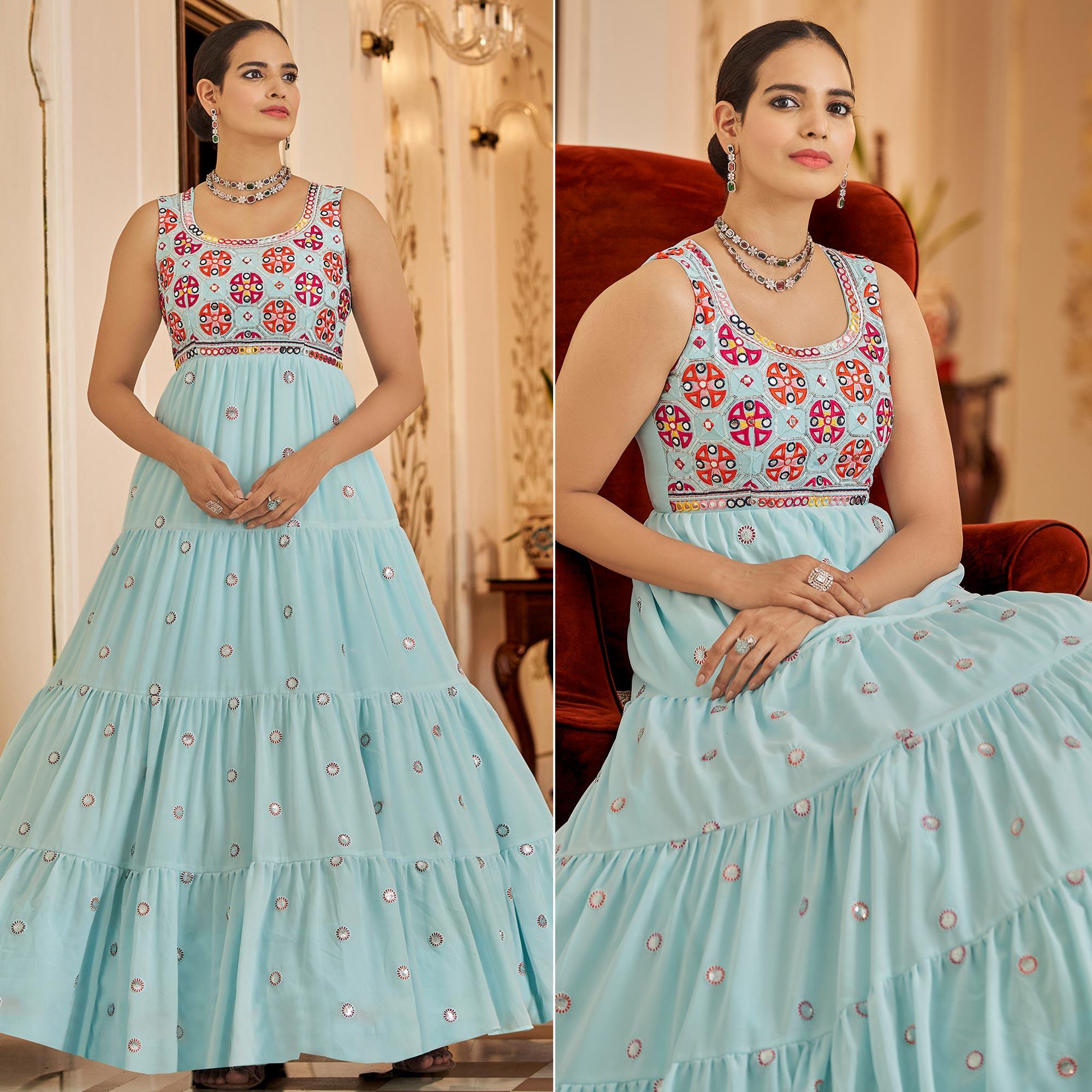 Aqua Blue Embroidered Georgette Gown - Peachmode