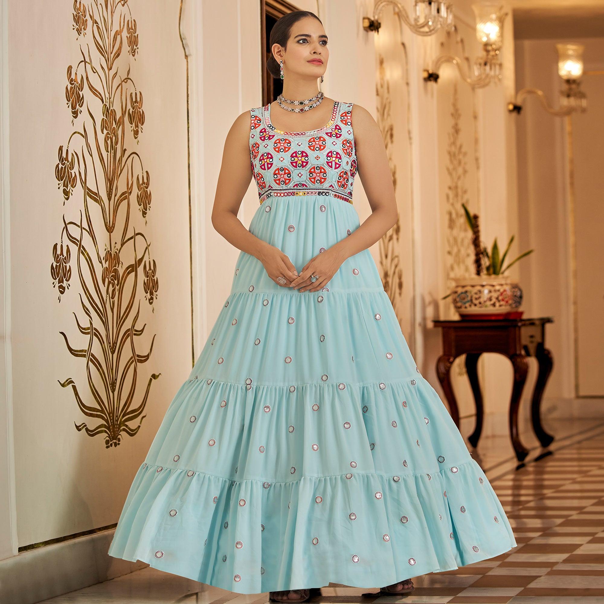 Aqua Blue Embroidered Georgette Gown - Peachmode