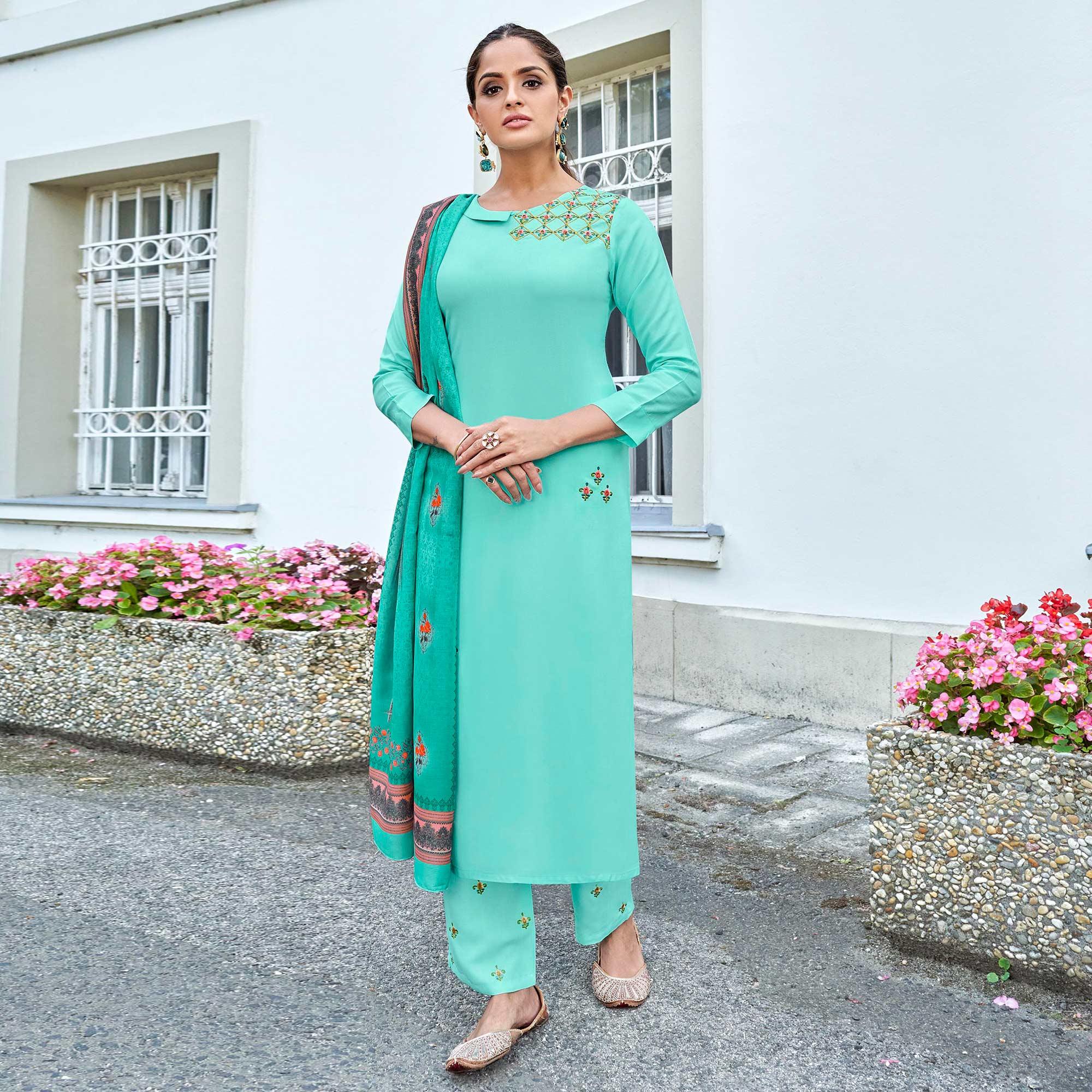 Aqua Blue Embroidered Rayon Kurti Pant Set With Dupatta - Peachmode