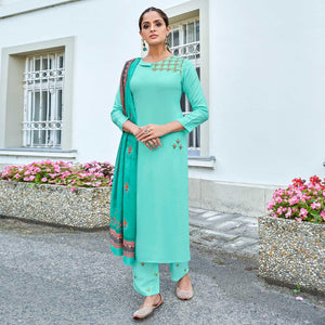 Aqua Blue Embroidered Rayon Kurti Pant Set With Dupatta - Peachmode