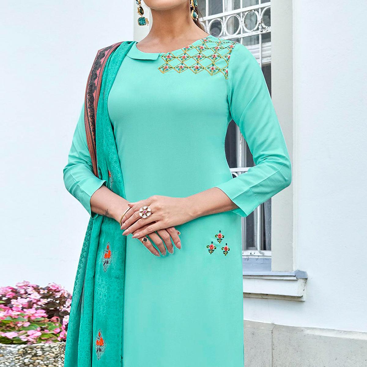 Aqua Blue Embroidered Rayon Kurti Pant Set With Dupatta - Peachmode