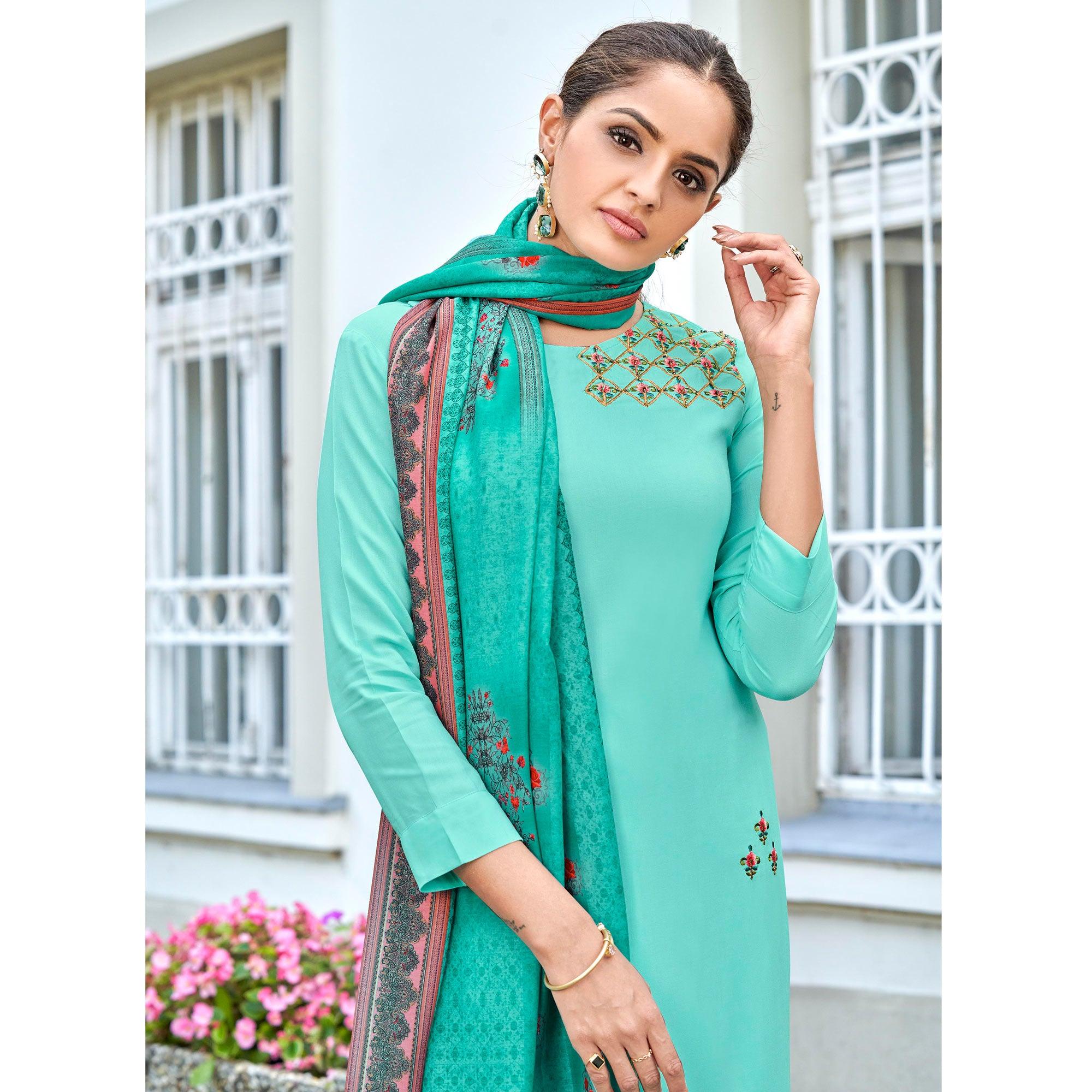 Aqua Blue Embroidered Rayon Kurti Pant Set With Dupatta - Peachmode
