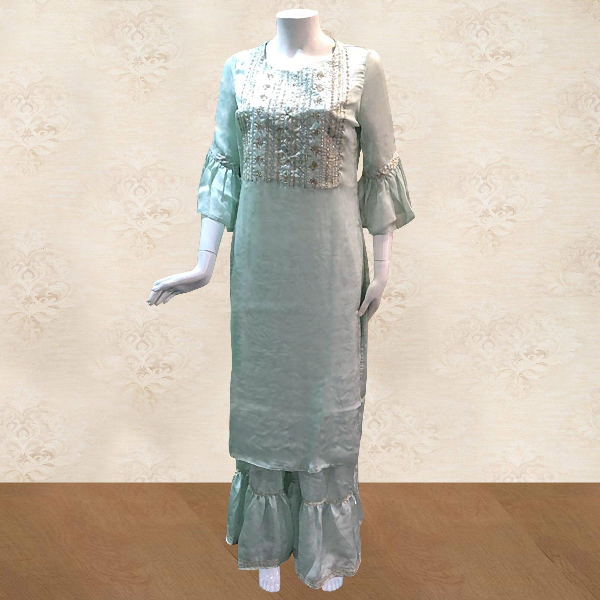 Aqua Blue Embroidered Satin Kurti Palazzo Set - Peachmode