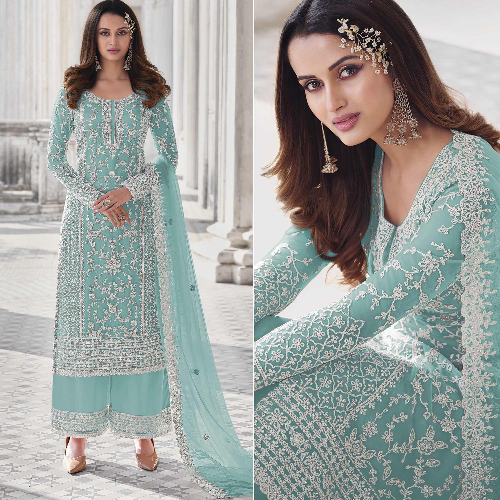 Aqua Blue Embroidered With Embellished Net Palazzo Suit - Peachmode