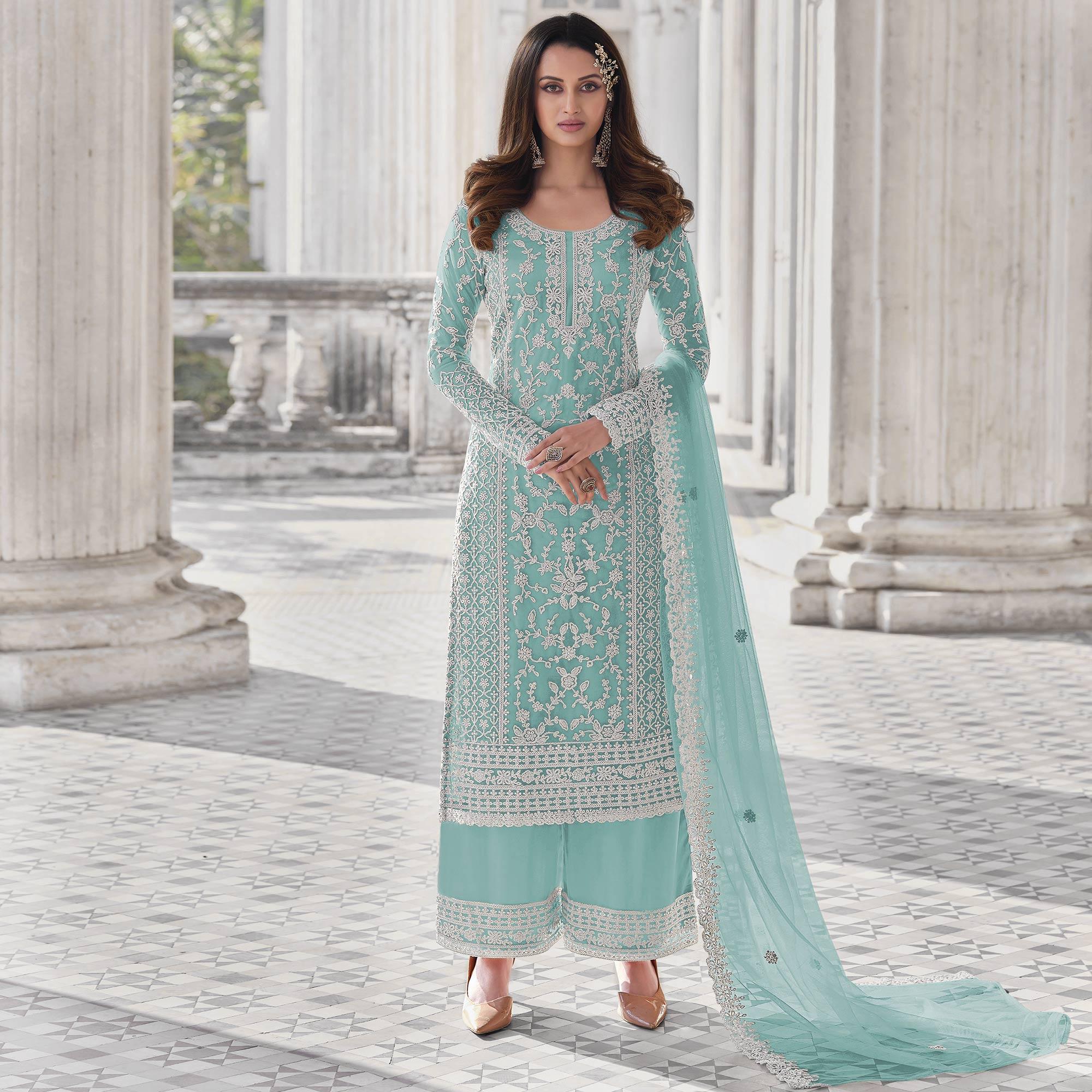 Aqua Blue Embroidered With Embellished Net Palazzo Suit - Peachmode