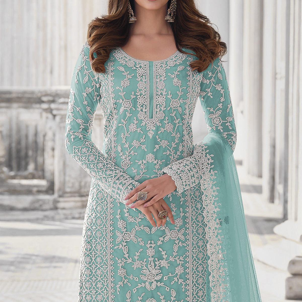 Aqua Blue Embroidered With Embellished Net Palazzo Suit - Peachmode