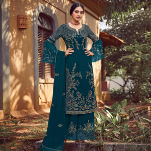Aqua Blue Festive Wear Embroidered Faux Georgette Straight Style Palazzo Suit - Peachmode