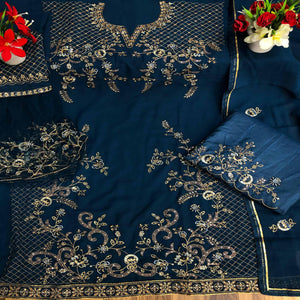 Aqua Blue Festive Wear Embroidered Faux Georgette Straight Style Palazzo Suit - Peachmode