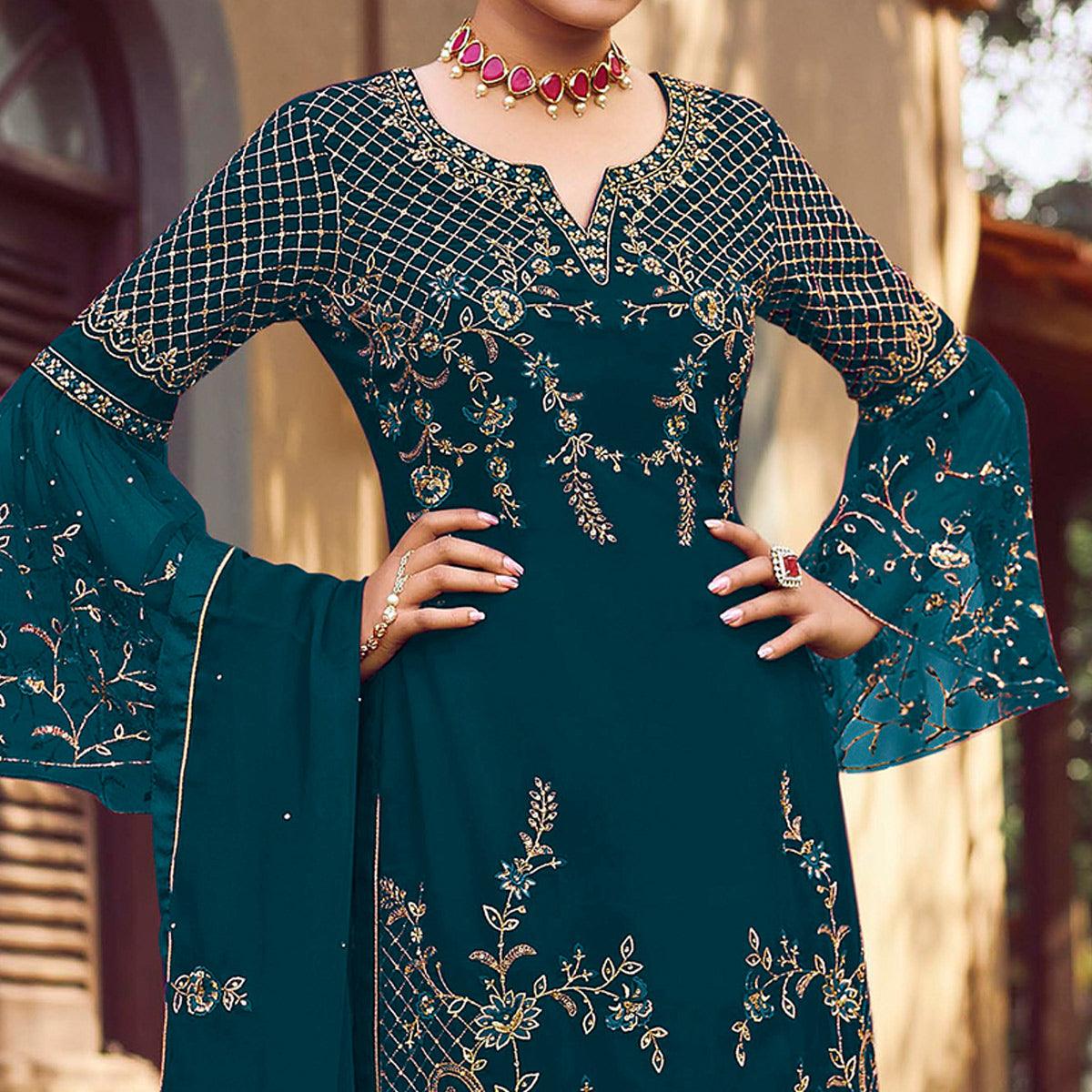 Aqua Blue Festive Wear Embroidered Faux Georgette Straight Style Palazzo Suit - Peachmode
