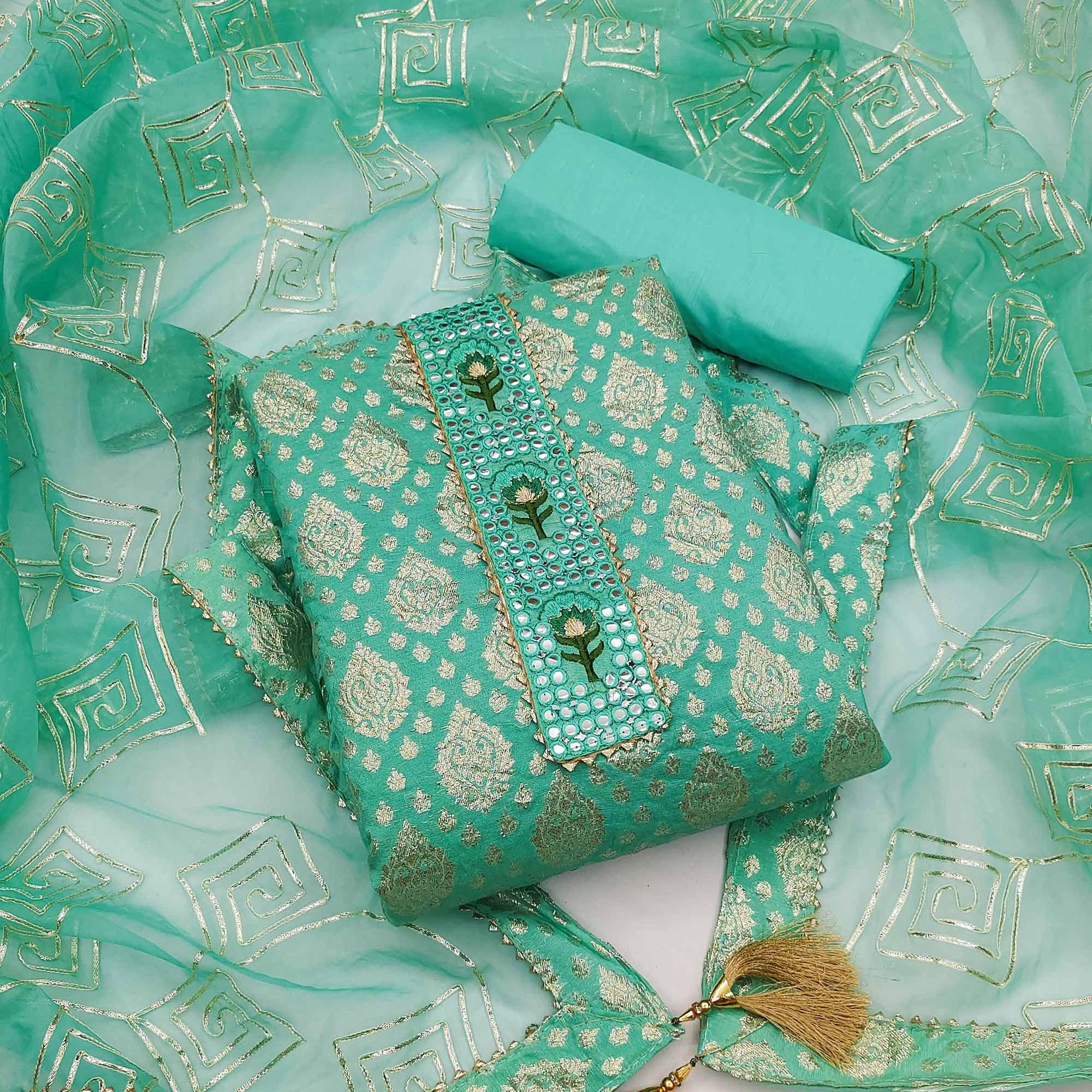 Aqua Blue Festive Wear Foil Printed Chanderi Dress Material - Peachmode