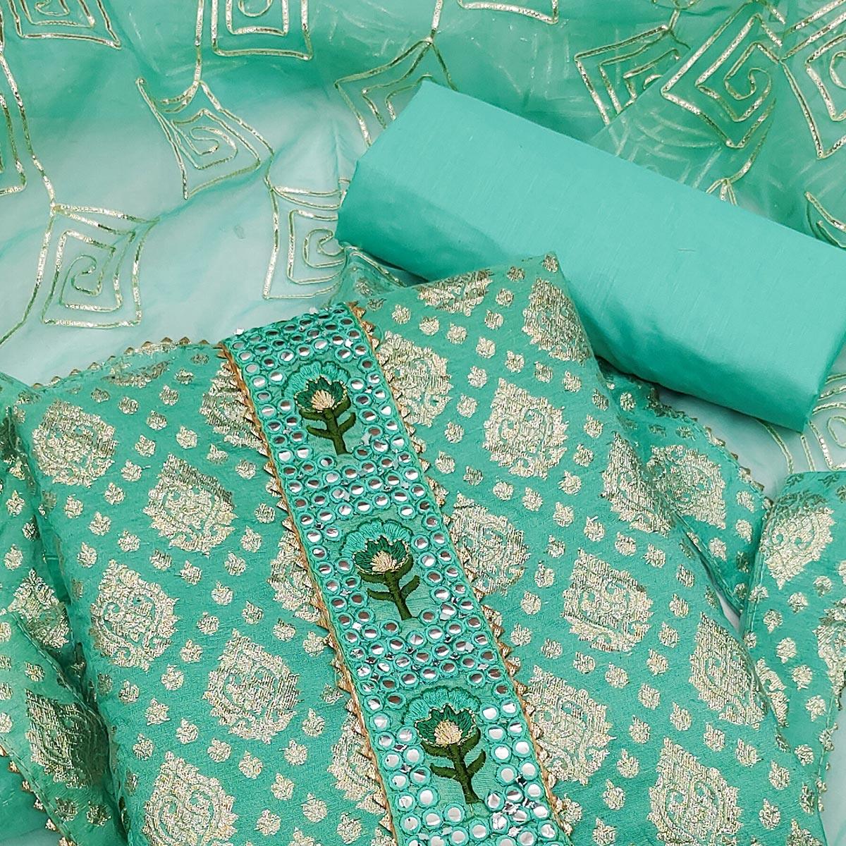 Aqua Blue Festive Wear Foil Printed Chanderi Dress Material - Peachmode