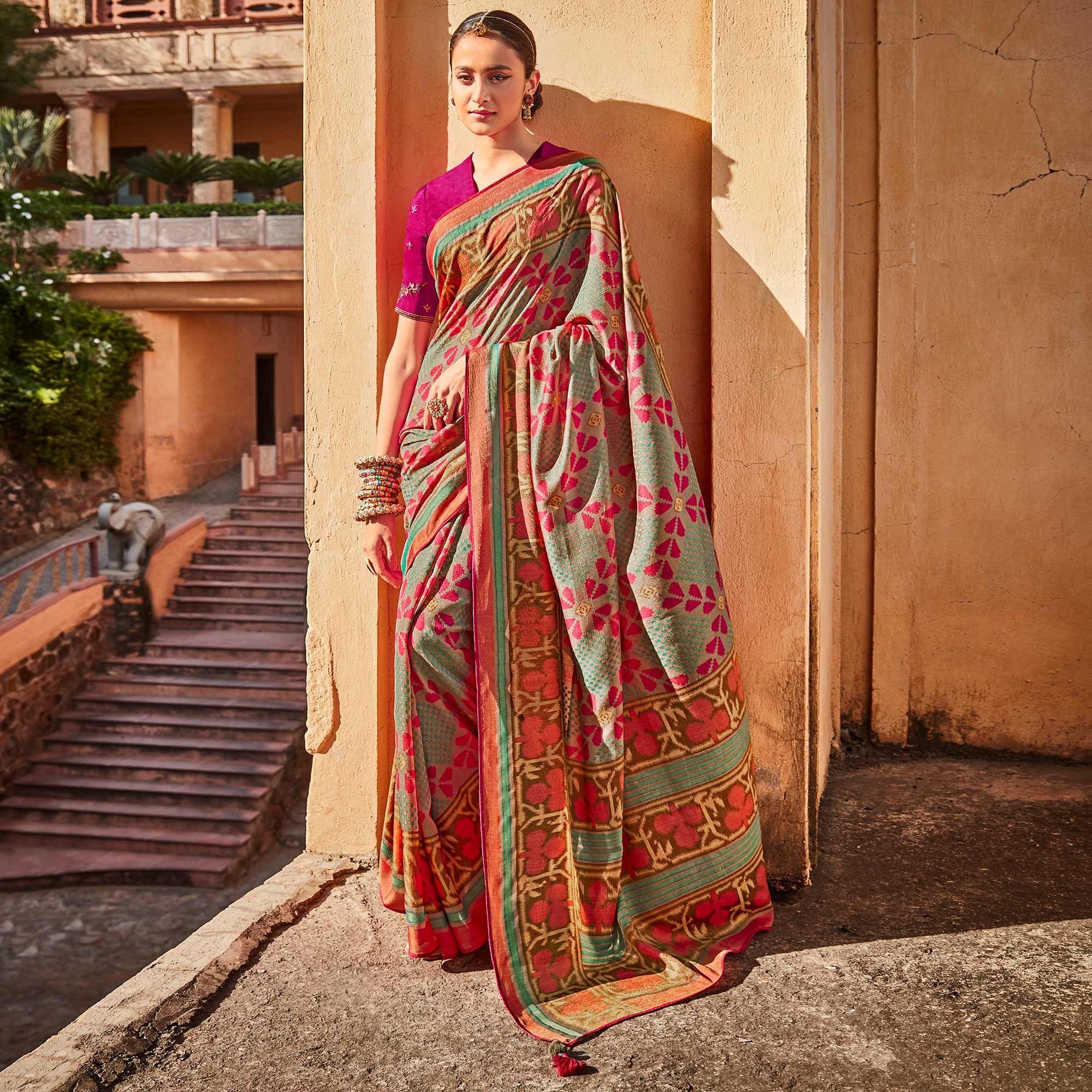 Aqua Blue Festive Wear Printed Silk Saree - Peachmode