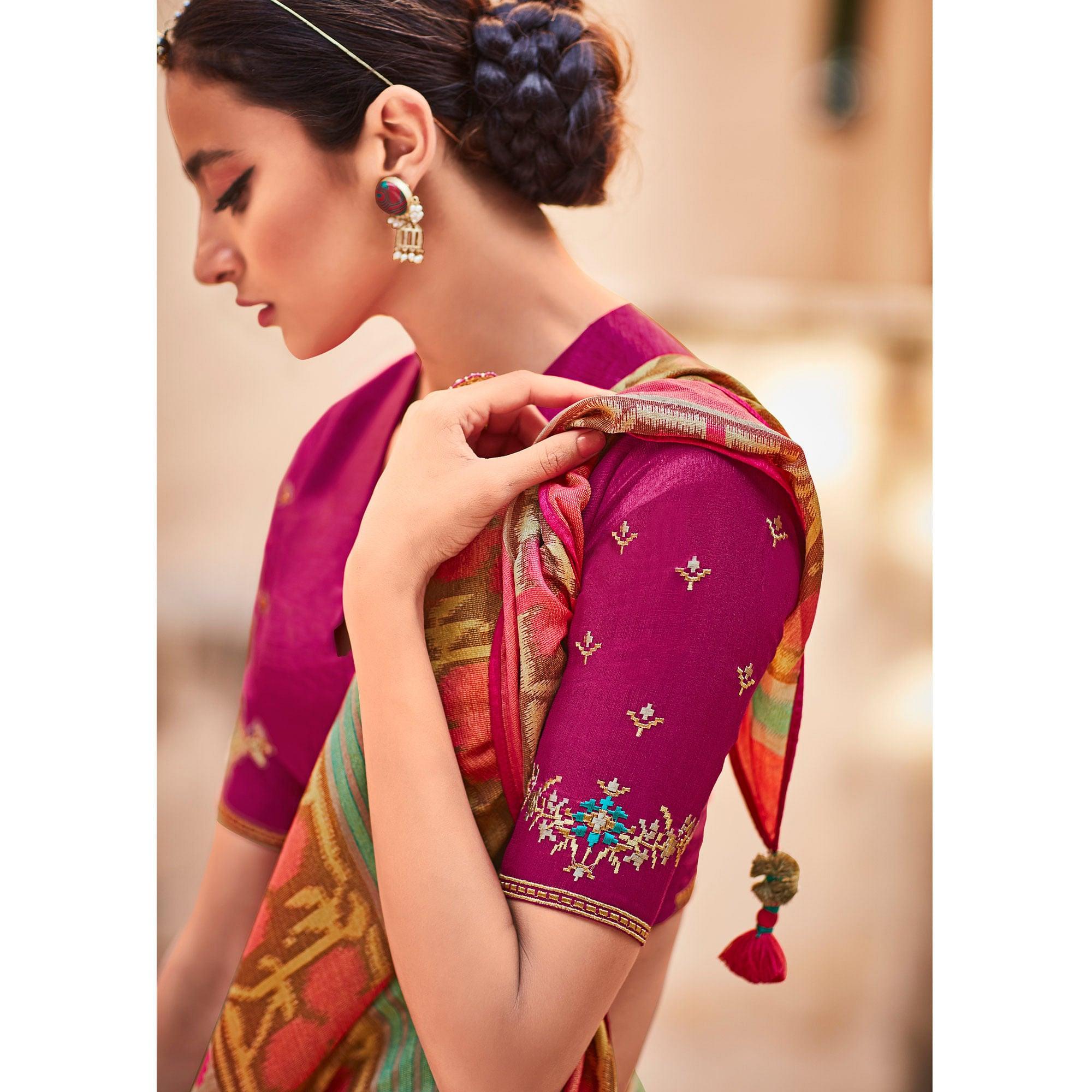 Aqua Blue Festive Wear Printed Silk Saree - Peachmode