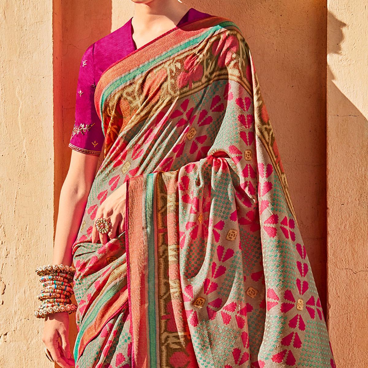 Aqua Blue Festive Wear Printed Silk Saree - Peachmode